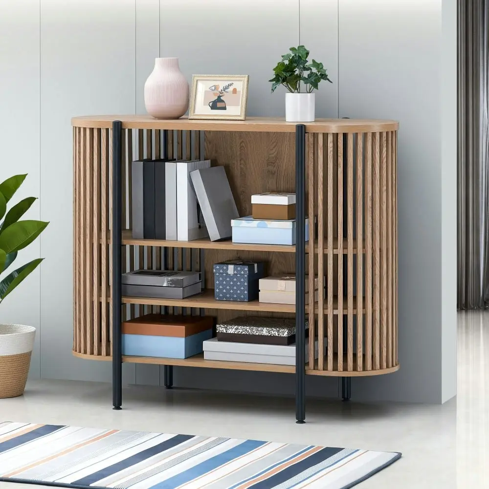 Design Square Ailani Wooden Sideboard Buffet Unit Storage Cabinet 3-Tier Shelves 120cm Slat Oak