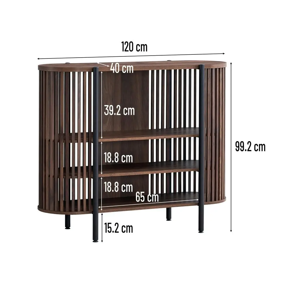 Design Square Ailani Wooden Sideboard Buffet Unit Storage Cabinet 3-Tier Shelves 120cm Slat Walnut