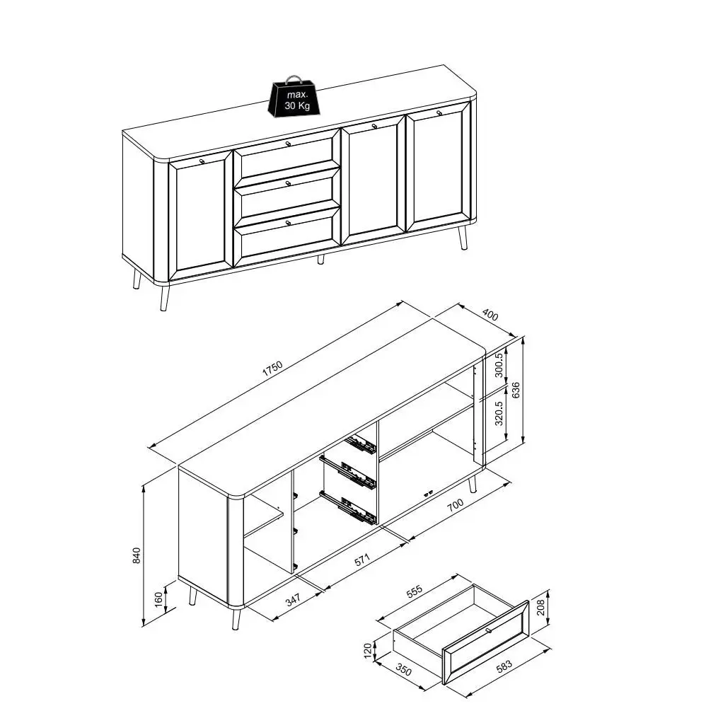 Design Square Cliff Wooden Buffet Unit Sideboard Storage Cabinet 3-Doors 3-Drawers Oak