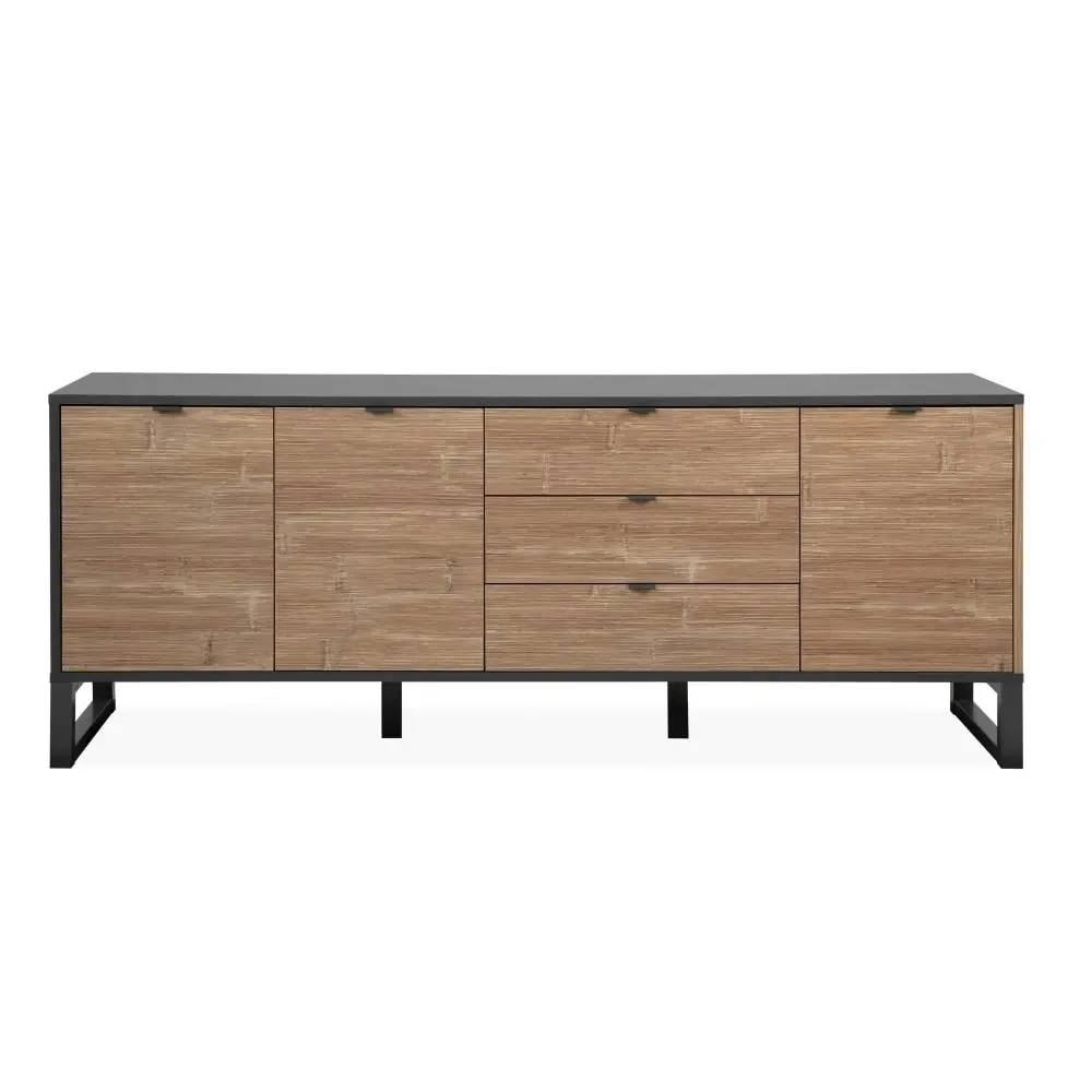 Design Square Caleb Wooden Sideboard Buffet Unit Storage Cabinet W/ 3-Drawers 3-Doors Bamboo/Black