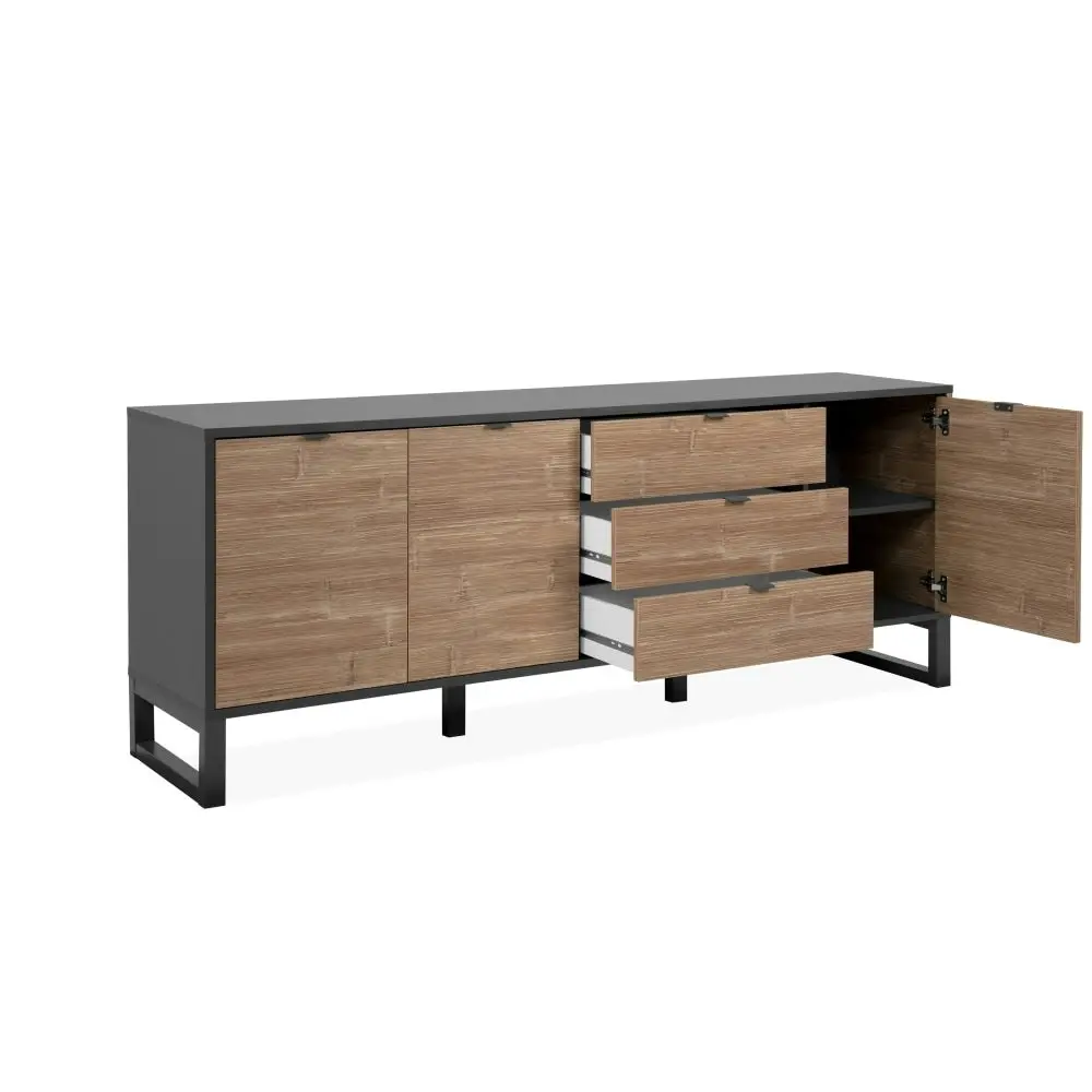 Design Square Caleb Wooden Sideboard Buffet Unit Storage Cabinet W/ 3-Drawers 3-Doors Bamboo/Black