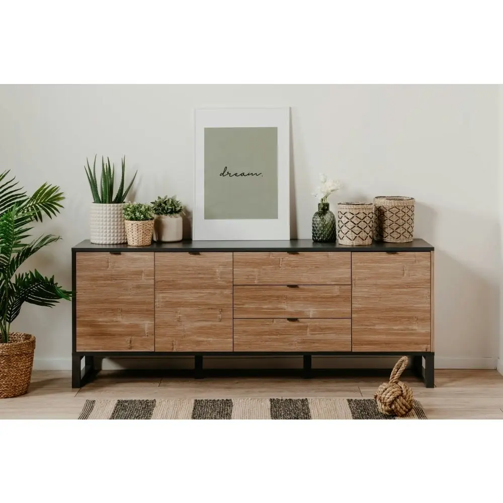 Design Square Caleb Wooden Sideboard Buffet Unit Storage Cabinet W/ 3-Drawers 3-Doors Bamboo/Black