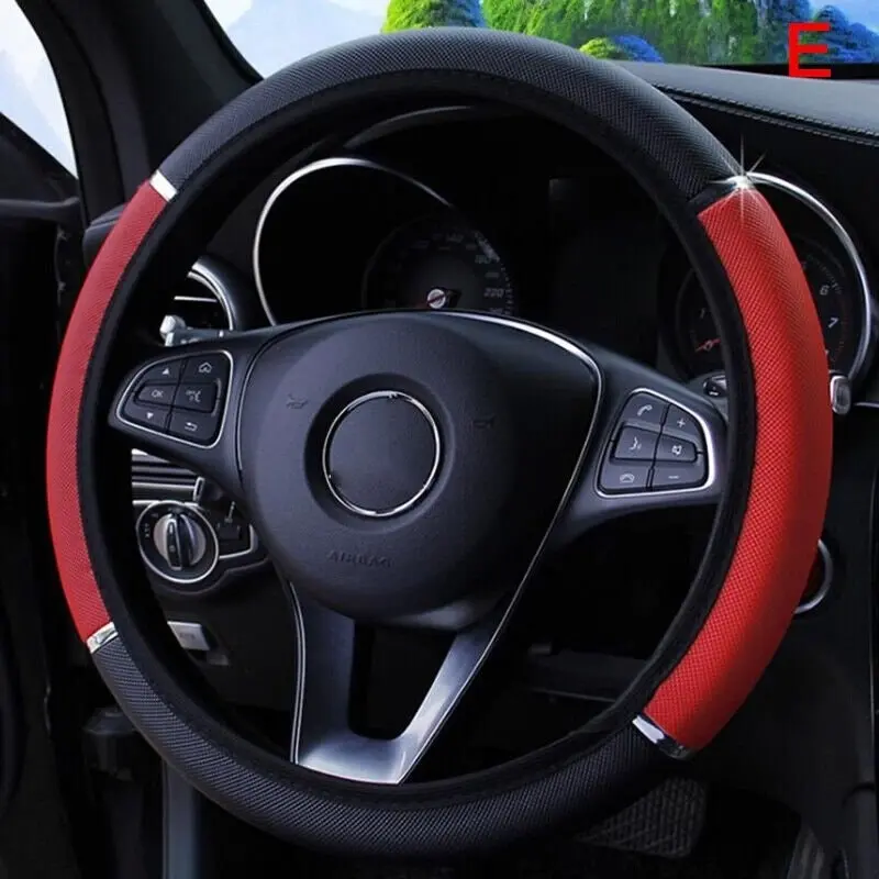 Universal 15" 38cm Leather Black Red Auto Car Steering Wheel Cover Non-slipS.GA