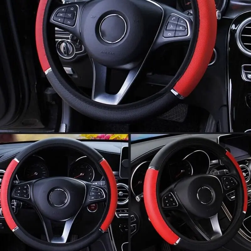 Universal 15" 38cm Leather Black Red Auto Car Steering Wheel Cover Non-slipS.GA