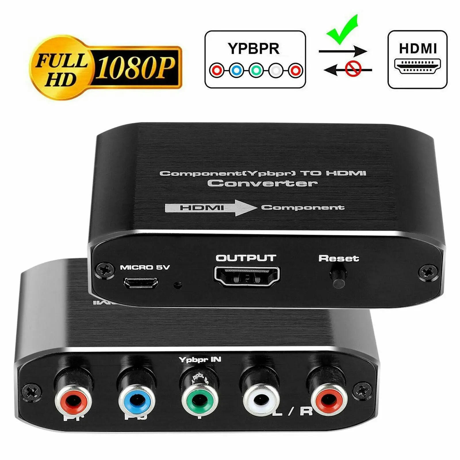 Component Video & L/R RCA Stereo Audio to HDMI Converter Adapter Compatible for DVD Xbox PS