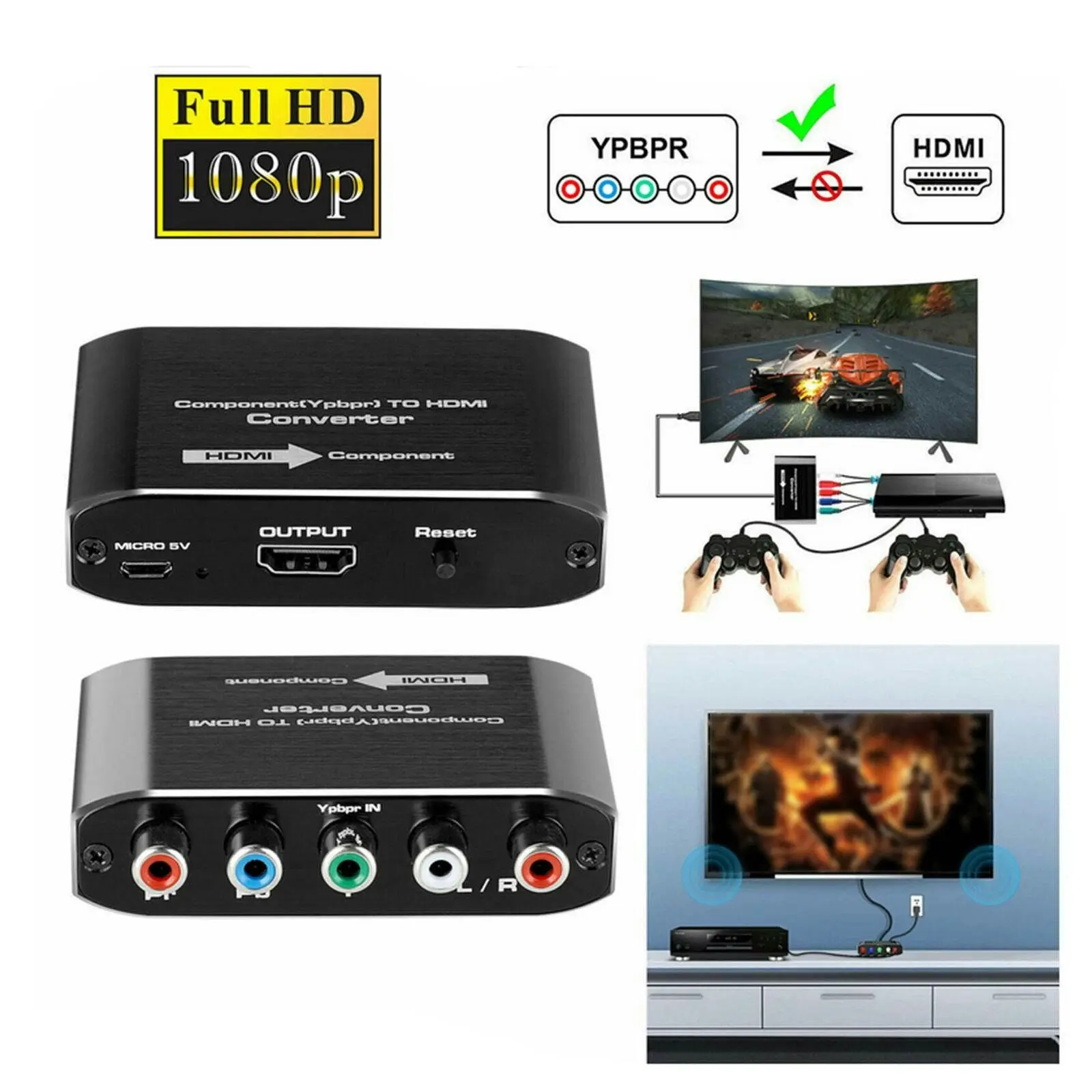 Component Video & L/R RCA Stereo Audio to HDMI Converter Adapter Compatible for DVD Xbox PS