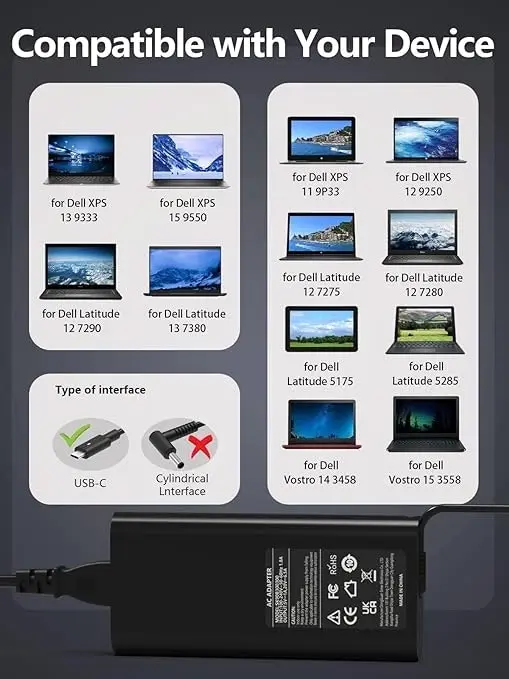 130W Slim USB C Laptop Charger for Dell XPS 15 17 9575 9500 9700 Precision 5530 2in1 5550 5750 3560 Latitude 7410 7310 7210 9410 9510 5420 5520 5510