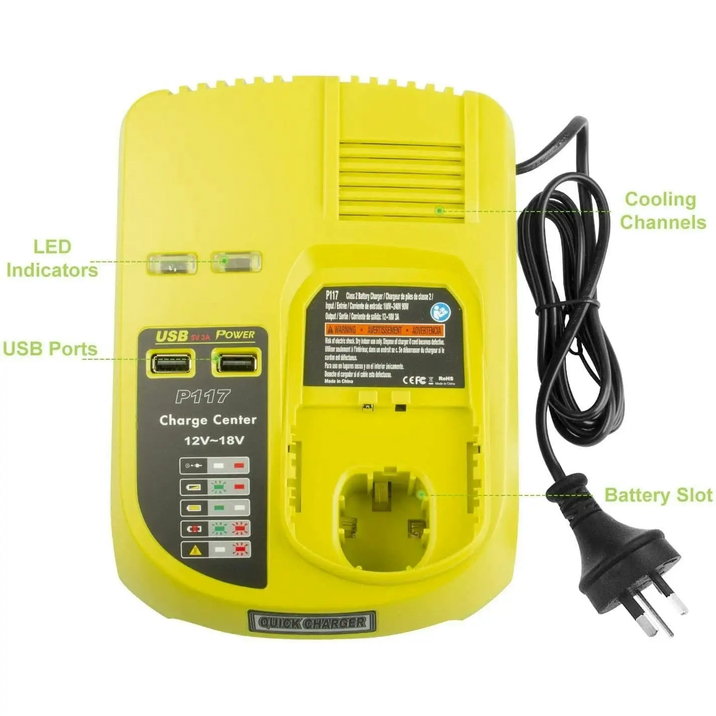 Ryobi One Plus 18v Charger Replacement | 18V-12V Dual Chemistry IntelliPort P117 Compatible