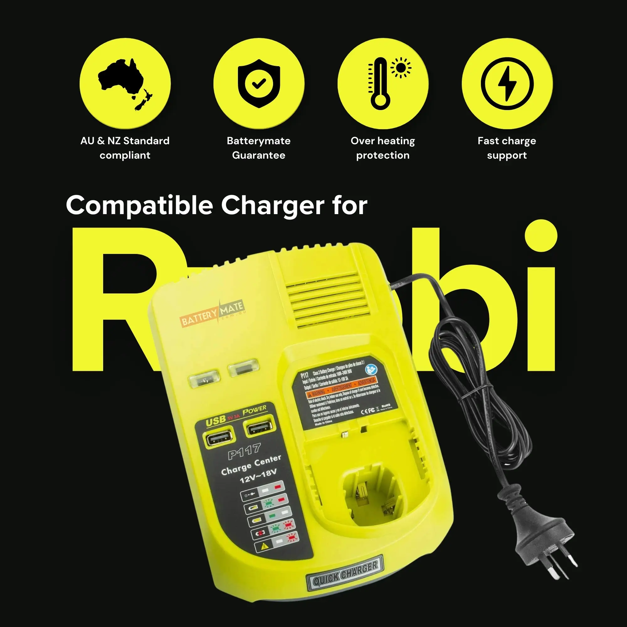 Ryobi One Plus 18v Charger Replacement | 18V-12V Dual Chemistry IntelliPort P117 Compatible