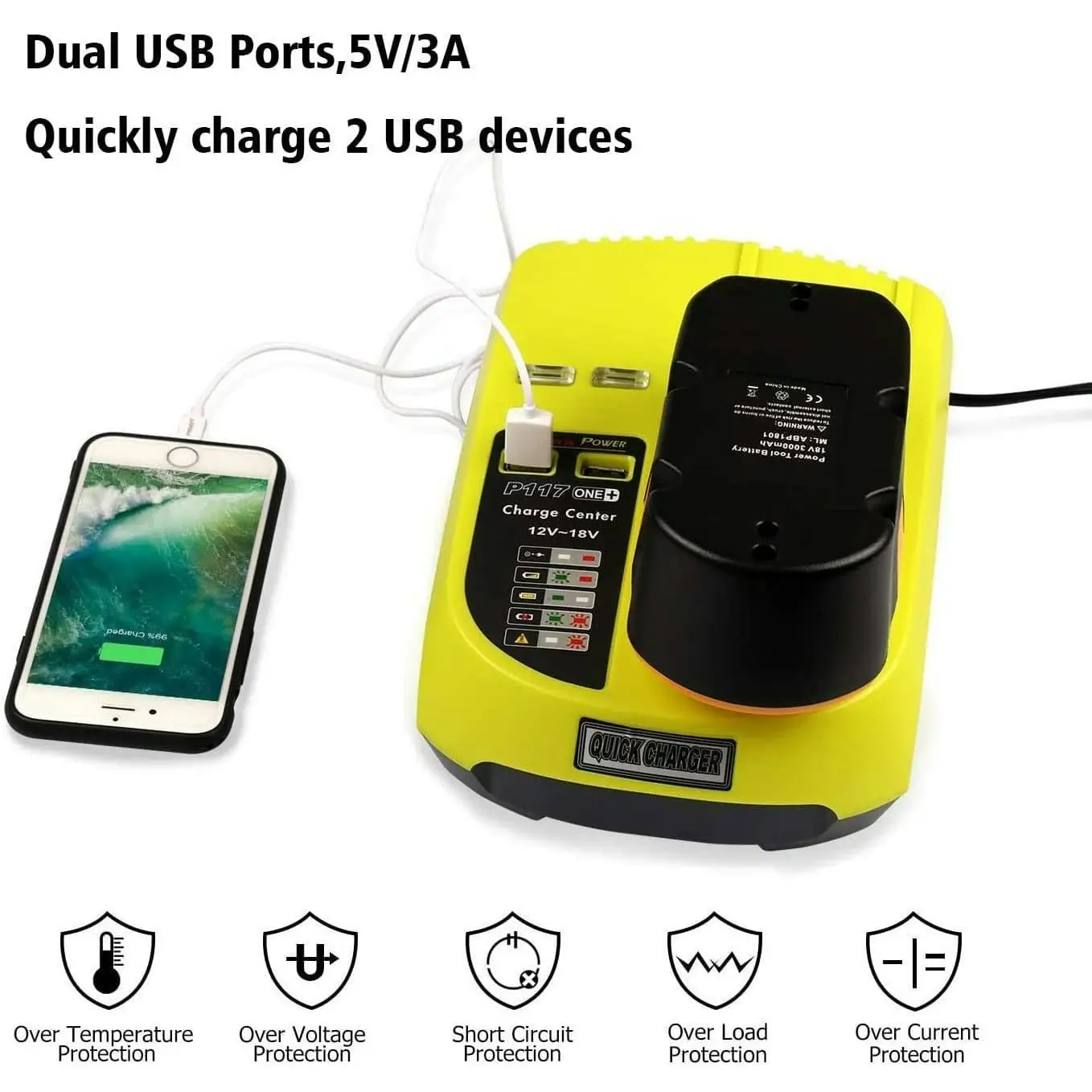 Ryobi One Plus 18v Charger Replacement | 18V-12V Dual Chemistry IntelliPort P117 Compatible