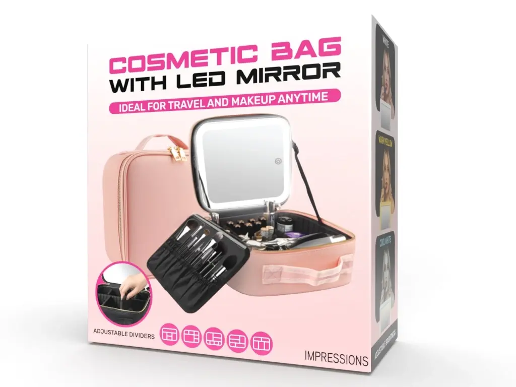 Impressions Cosmetic Bag With Mirror Pink - featuring built-in LED lighting