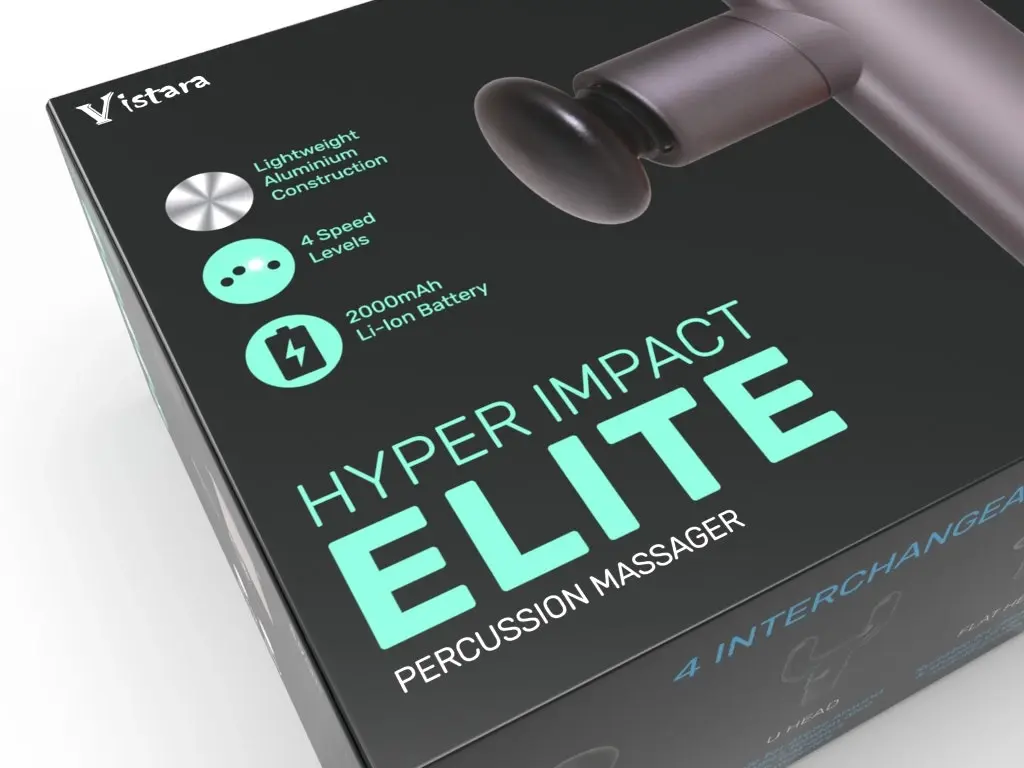 Vistara Hyper Impact 2000mAh Li-ion Elite Percussion Massager 3200RPM w/4 Heads