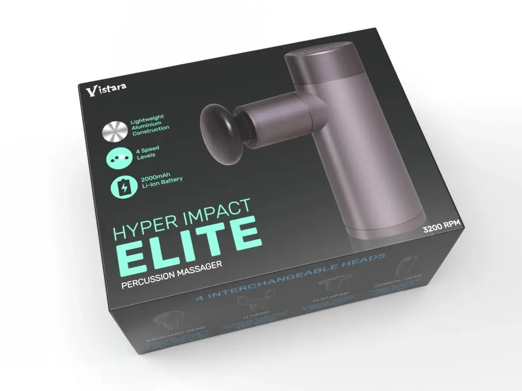 Vistara Hyper Impact 2000mAh Li-ion Elite Percussion Massager 3200RPM w/4 Heads