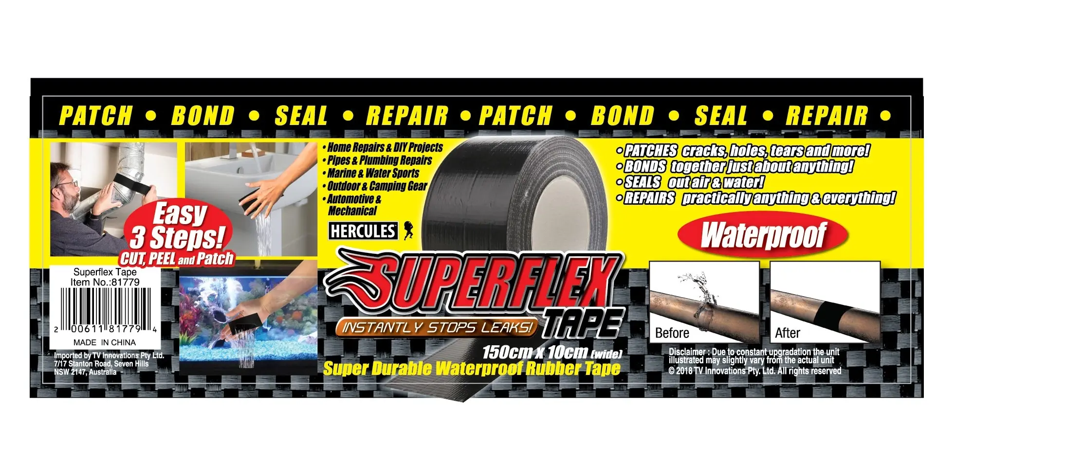 Hercules Super Flex Tape Black - Super Durable Waterproof Rubber Tape 1.5 Mtr