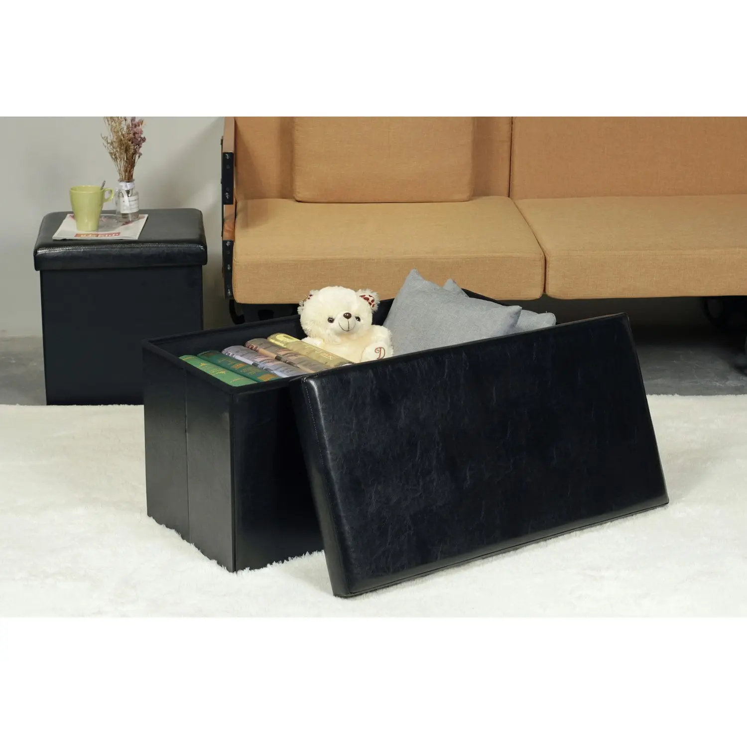 Vistara Folding Storage Ottoman Black Faux Leather Finish 76x38x37cm