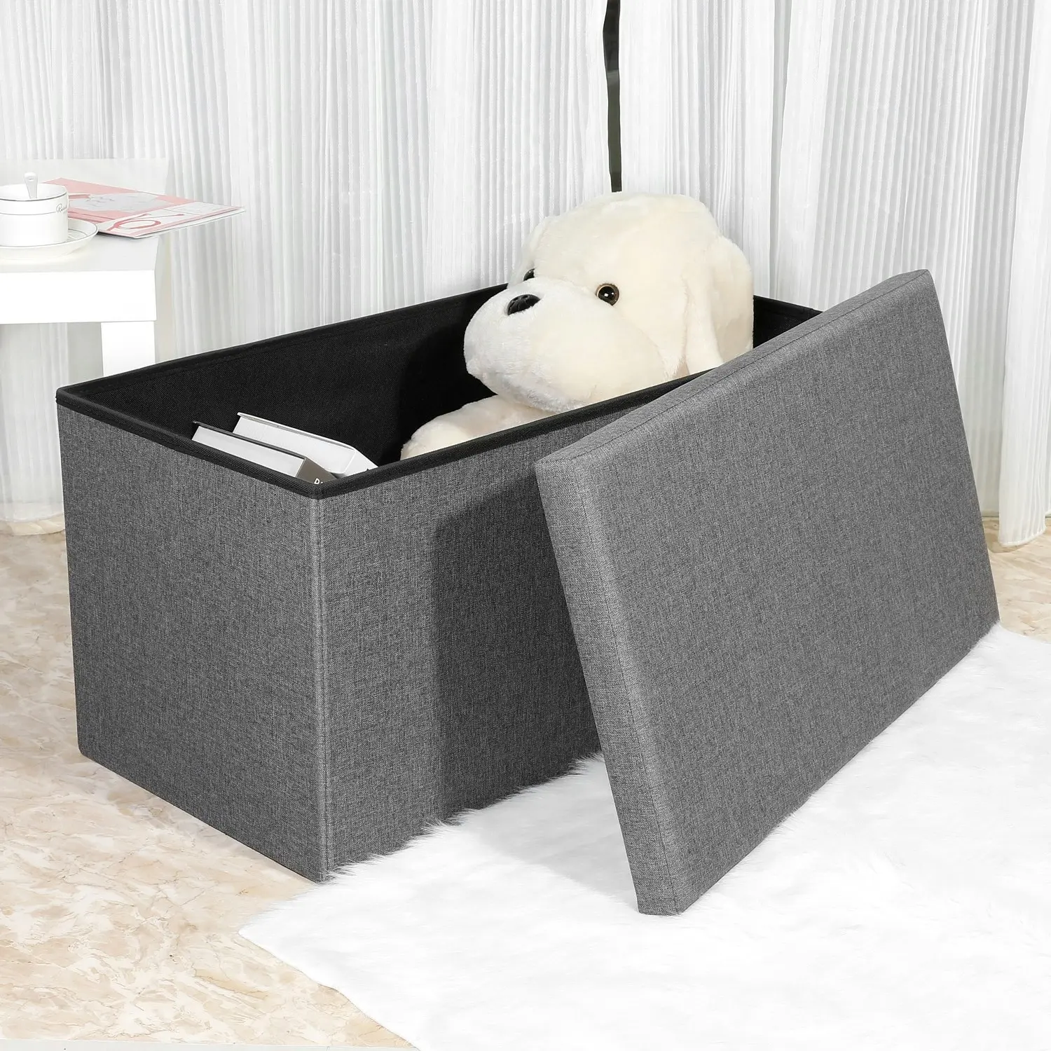 Vistara Folding Storage Ottoman Grey Fabric Finish 76x38x37cm