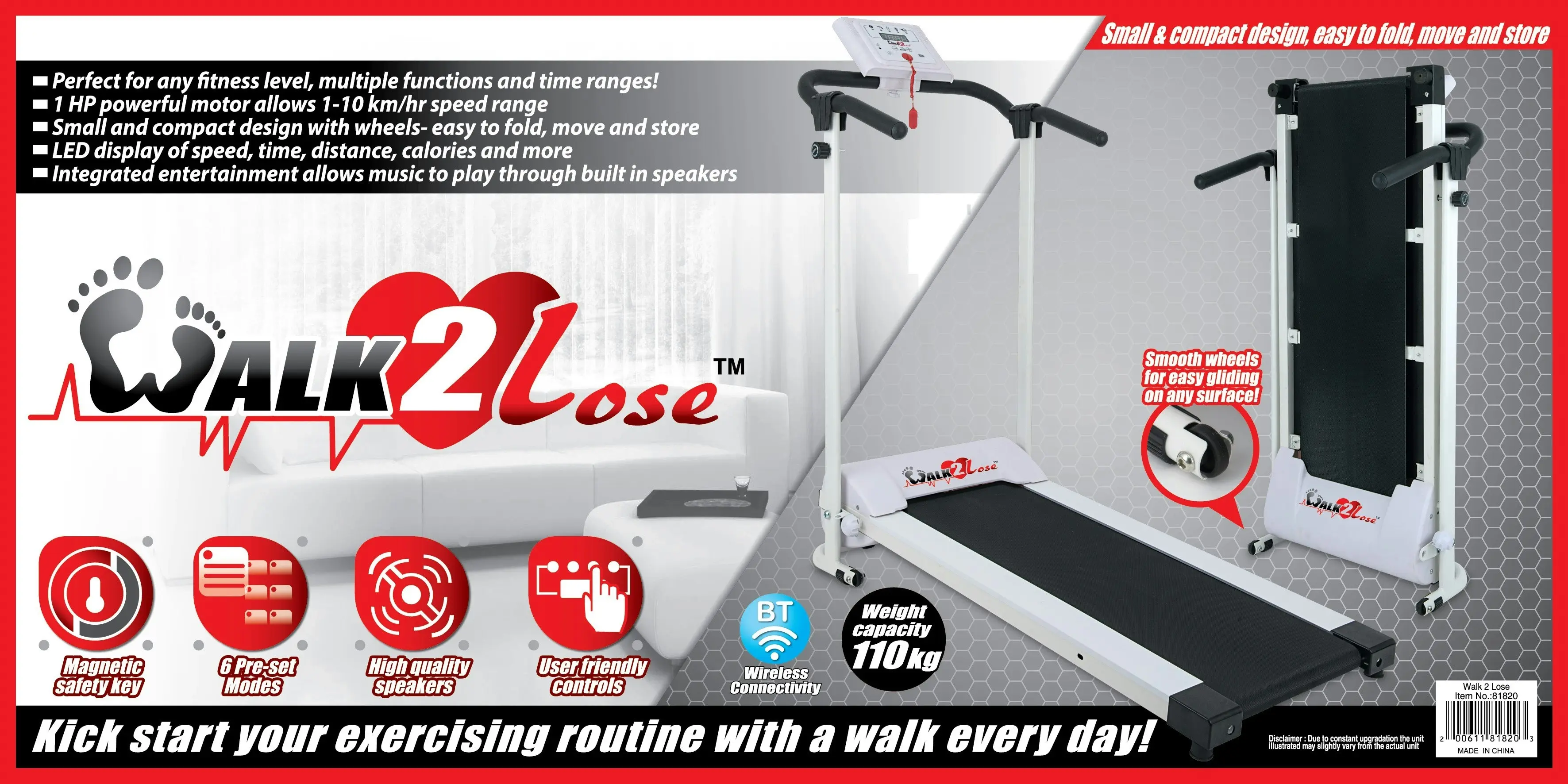 Walk 2 Lose Walk 2 Lose 105cm Folding Treadmill Home Workout Gym Exercise