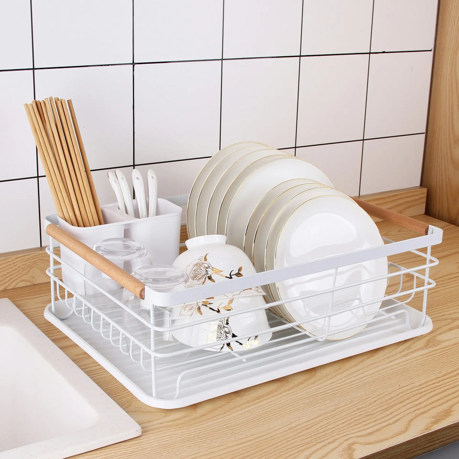 The Kitchen Galleria Carbon Steel & Beech Wood Dish Drying Rack