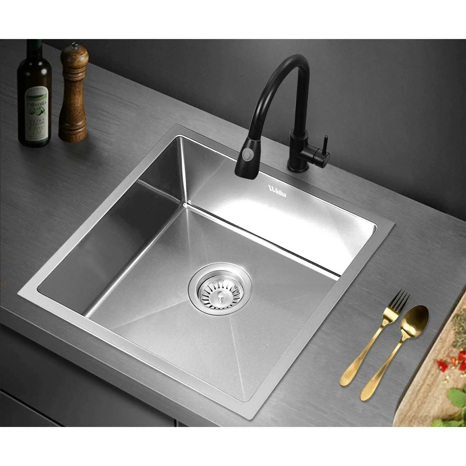 Welba Kitchen Sink 44X44CM Stainless Steel Single Bowl Basin With Waste Silver