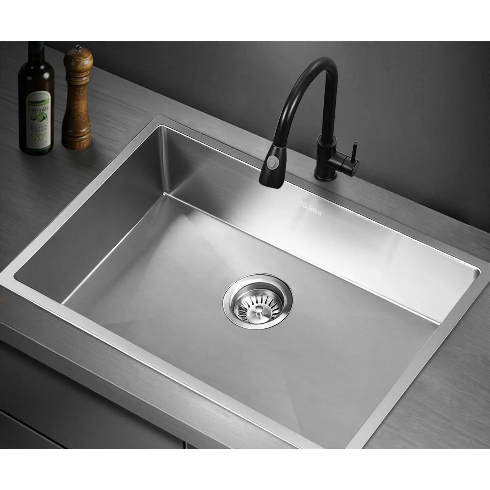 Welba Kitchen Sink 70X45CM Stainless Steel Single Bowl Basin With Waste Silver