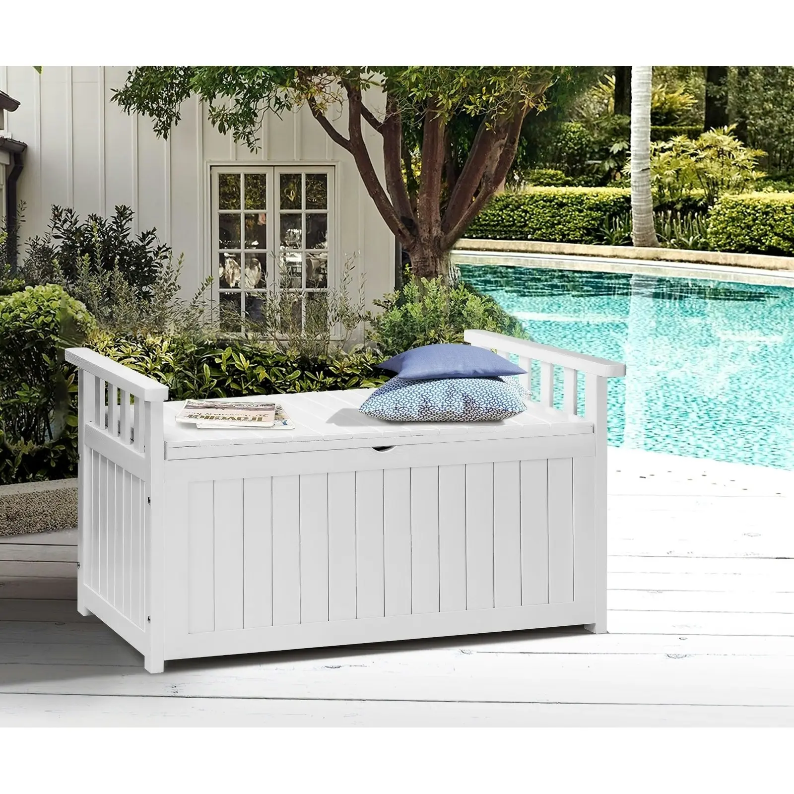 Livsip Outdoor Storage Box Wooden Garden Bench Chest Tool Container L White