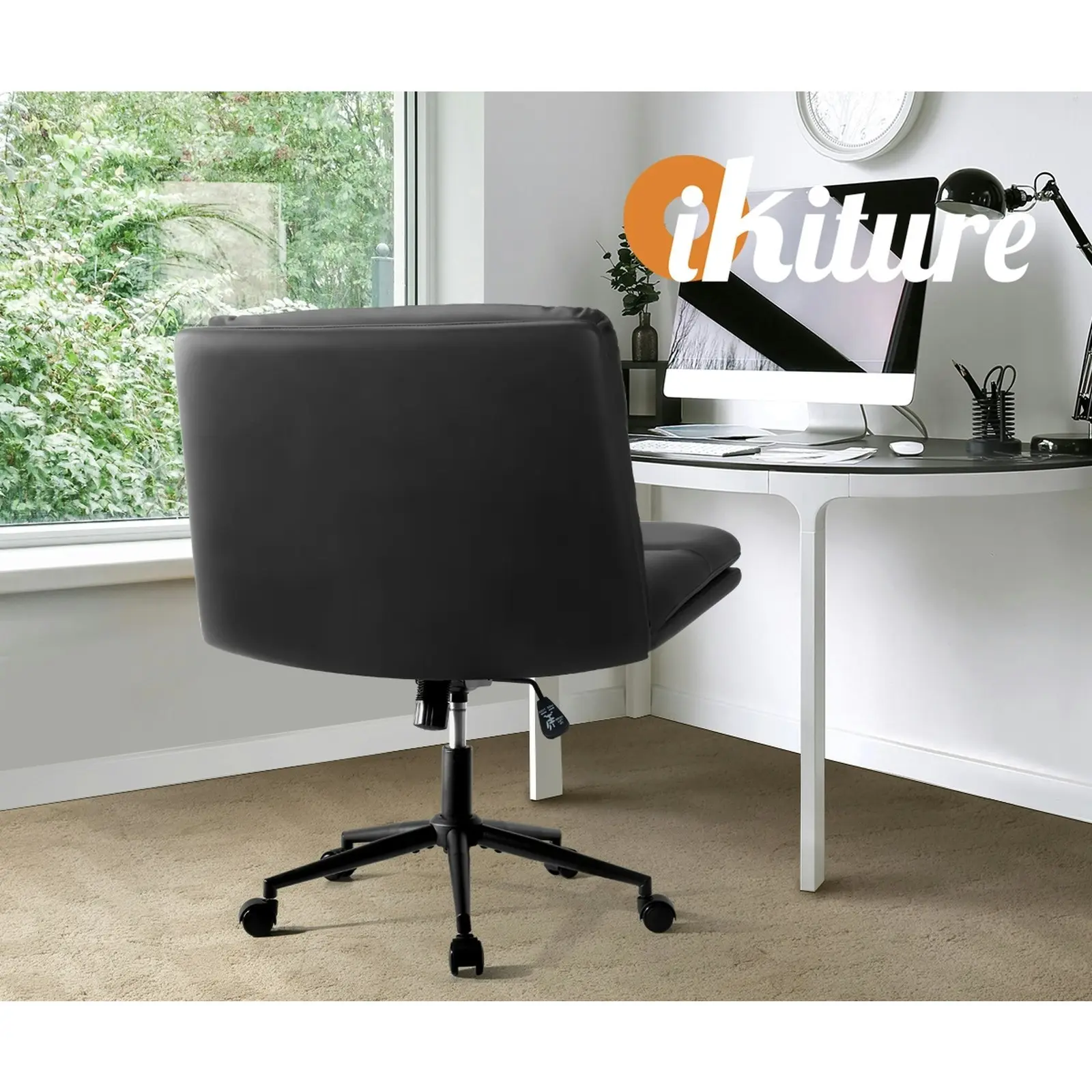 Oikiture Mid Back Armless Office Desk Chair Wide Seat Leather Black with Wheels