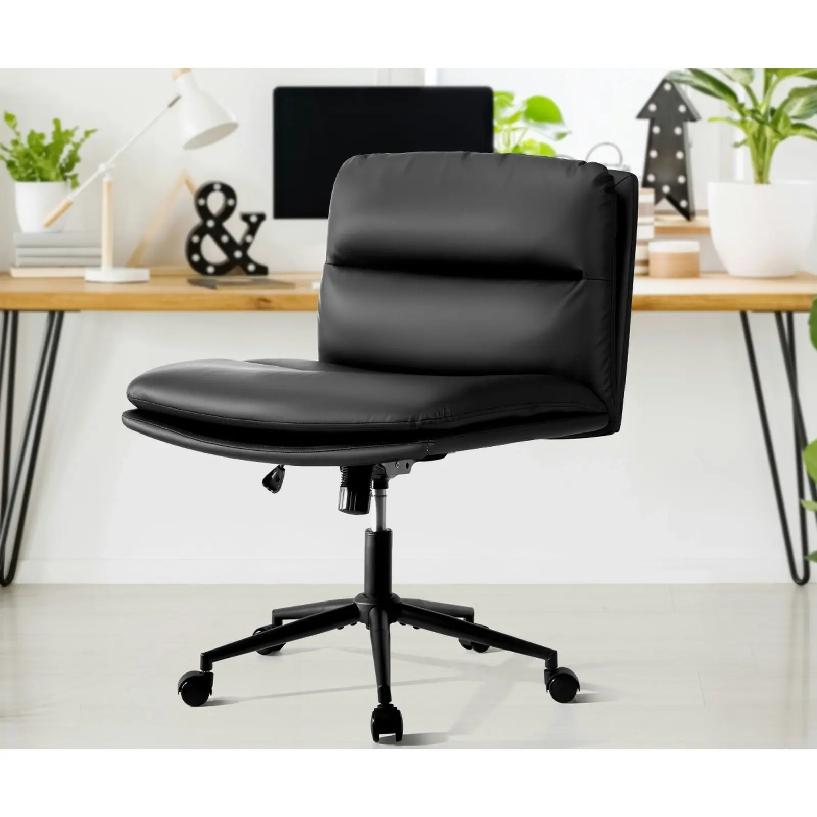 Oikiture Mid Back Armless Office Desk Chair Wide Seat Leather Black with Wheels