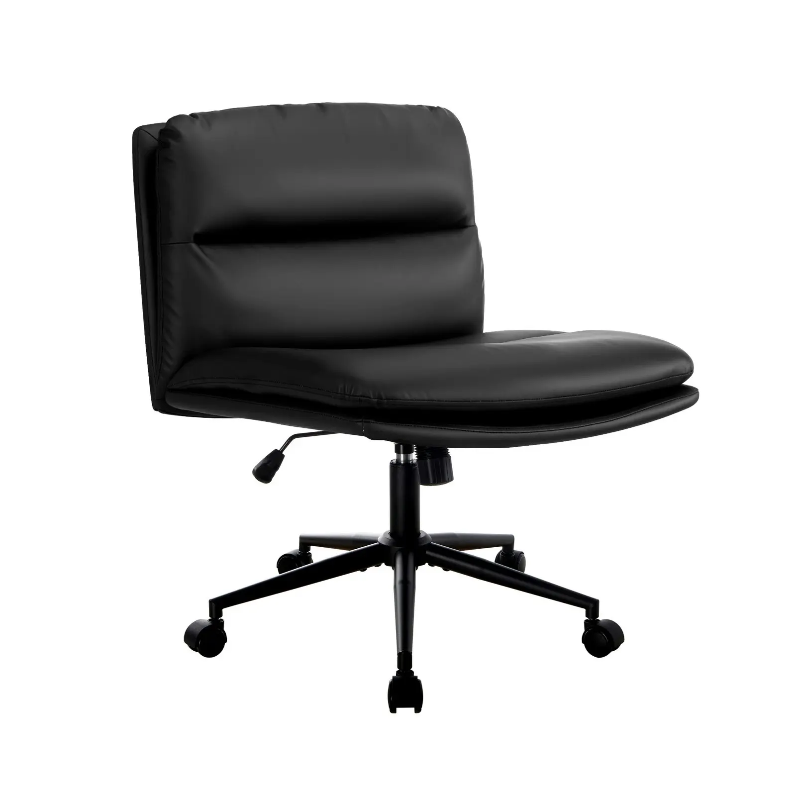 Oikiture Mid Back Armless Office Desk Chair Wide Seat Leather Black with Wheels