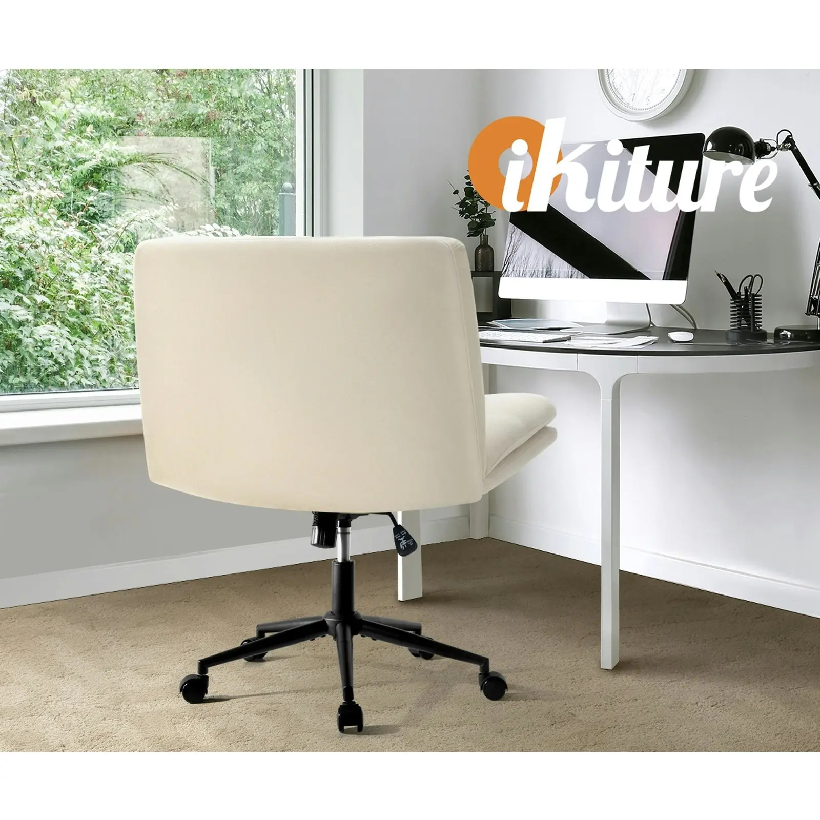 Oikiture Mid Back Armless Office Desk Chair Wide Seat Linen Beige with Wheels