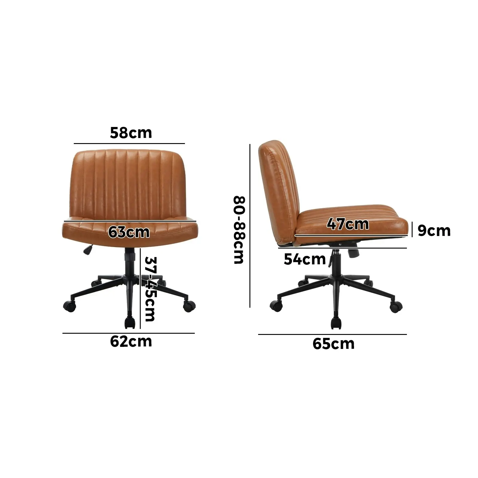 Oikiture Mid Back Armless Office Desk Chair Wide Seat with Wheels Leather Brown