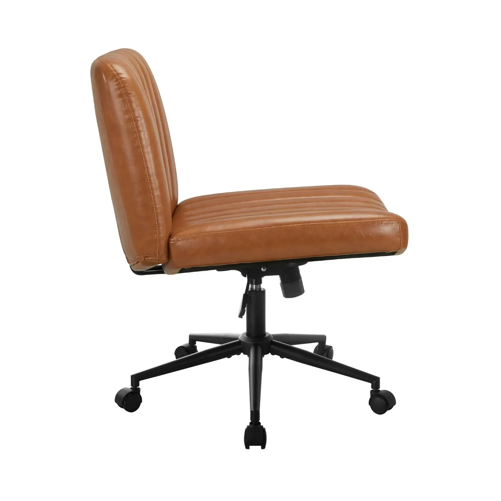 Oikiture Mid Back Armless Office Desk Chair Wide Seat with Wheels Leather Brown