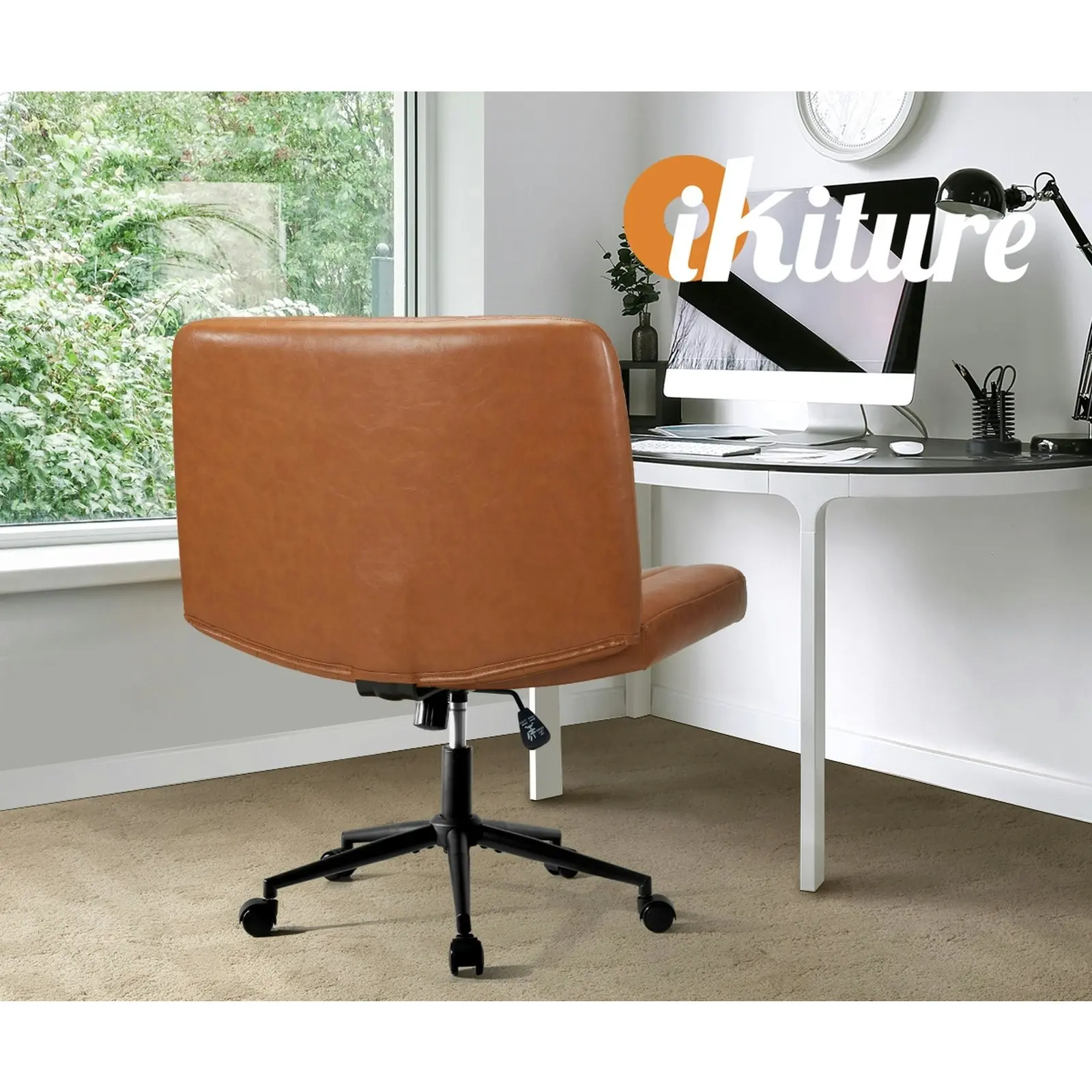 Oikiture Mid Back Armless Office Desk Chair Wide Seat with Wheels Leather Brown