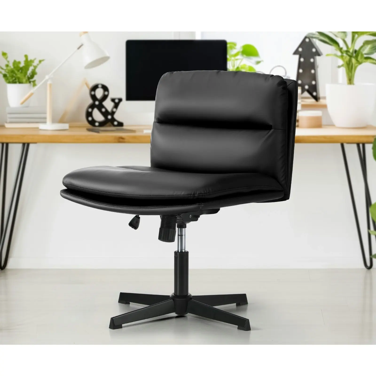 Oikiture Mid Back Armless Office Desk Chair Wide Seat No Wheels Leather Black