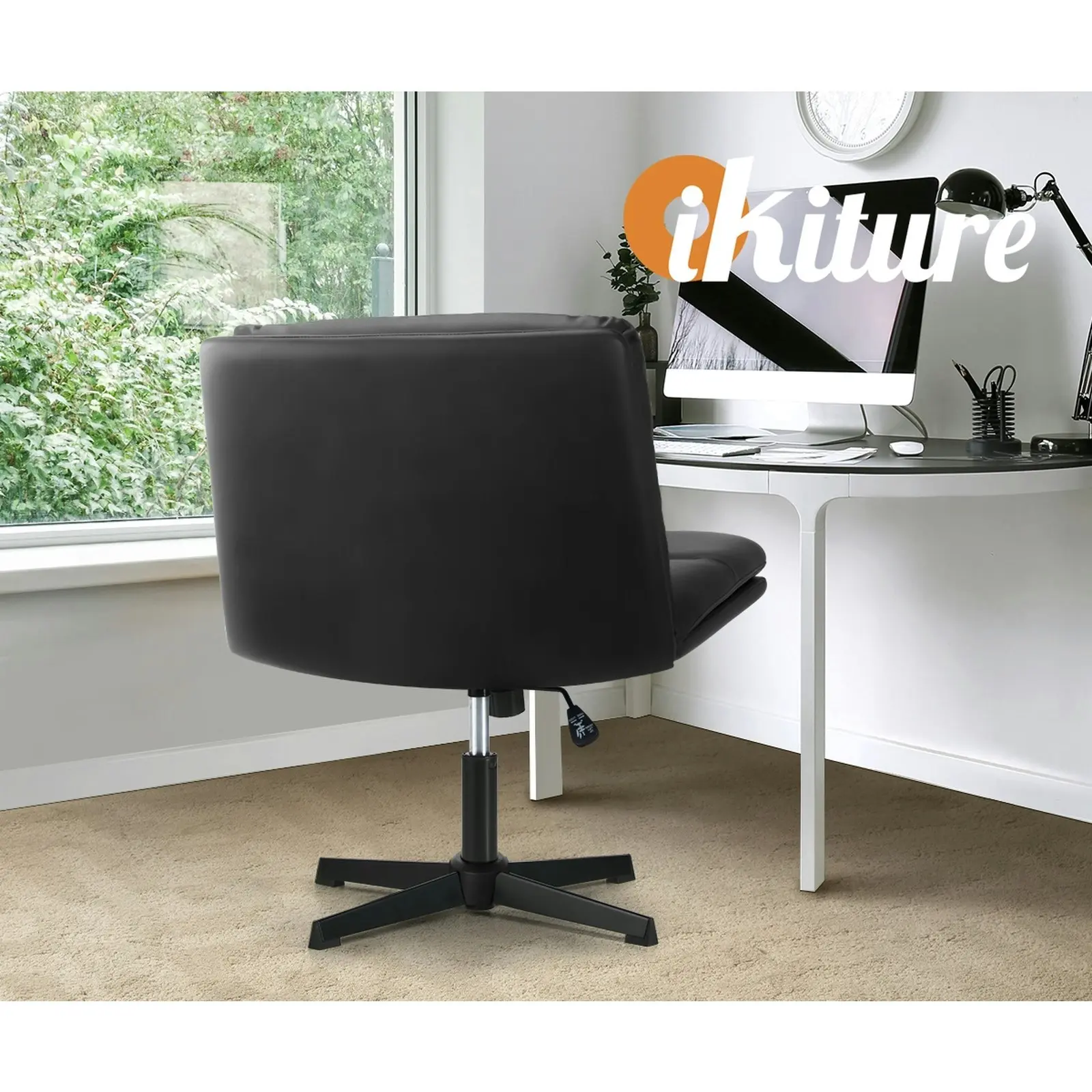 Oikiture Mid Back Armless Office Desk Chair Wide Seat No Wheels Leather Black