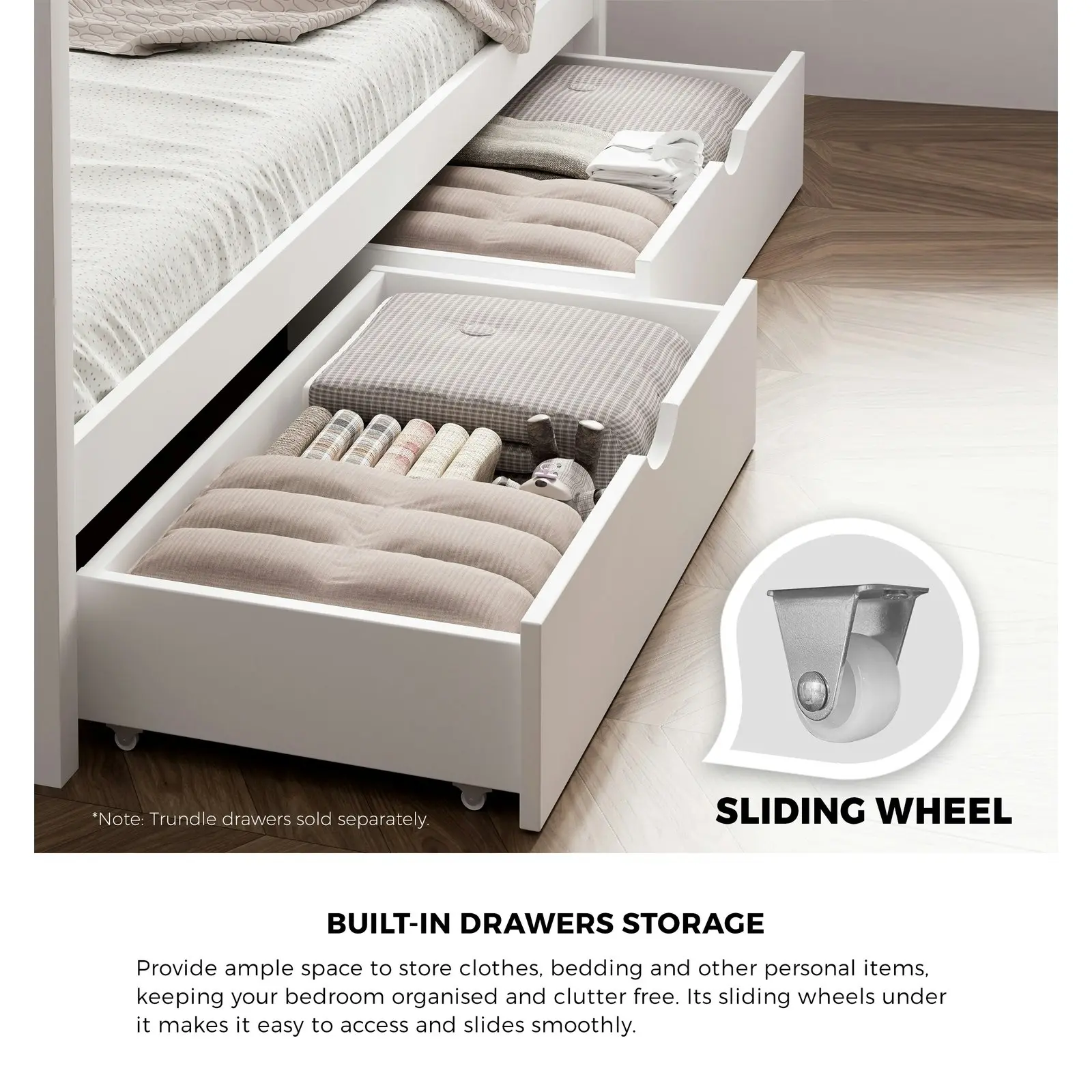 Oikiture Kids Bed Frame Single Size with Storage Drawers White