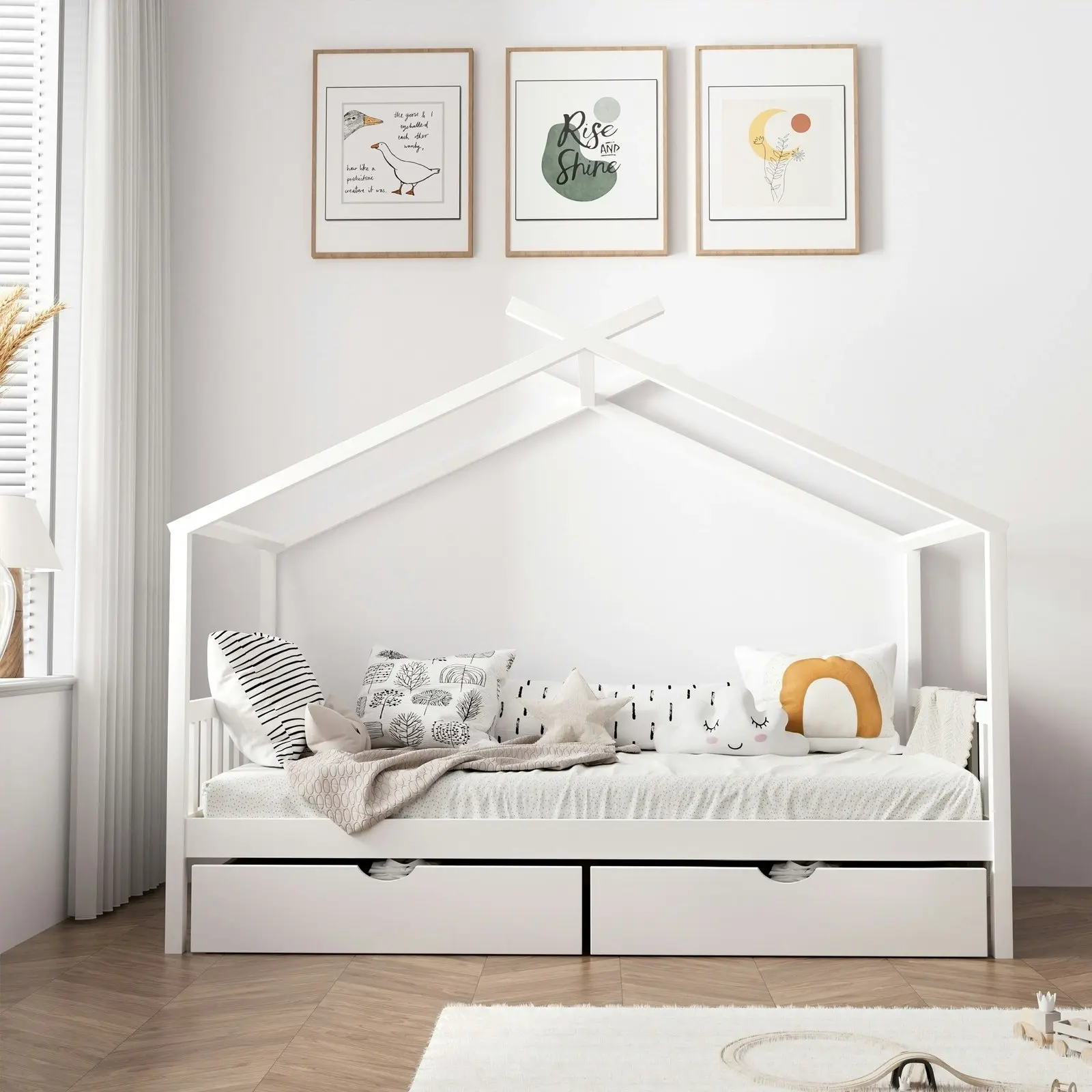 Oikiture Kids Bed Frame Single Size with Storage Drawers White