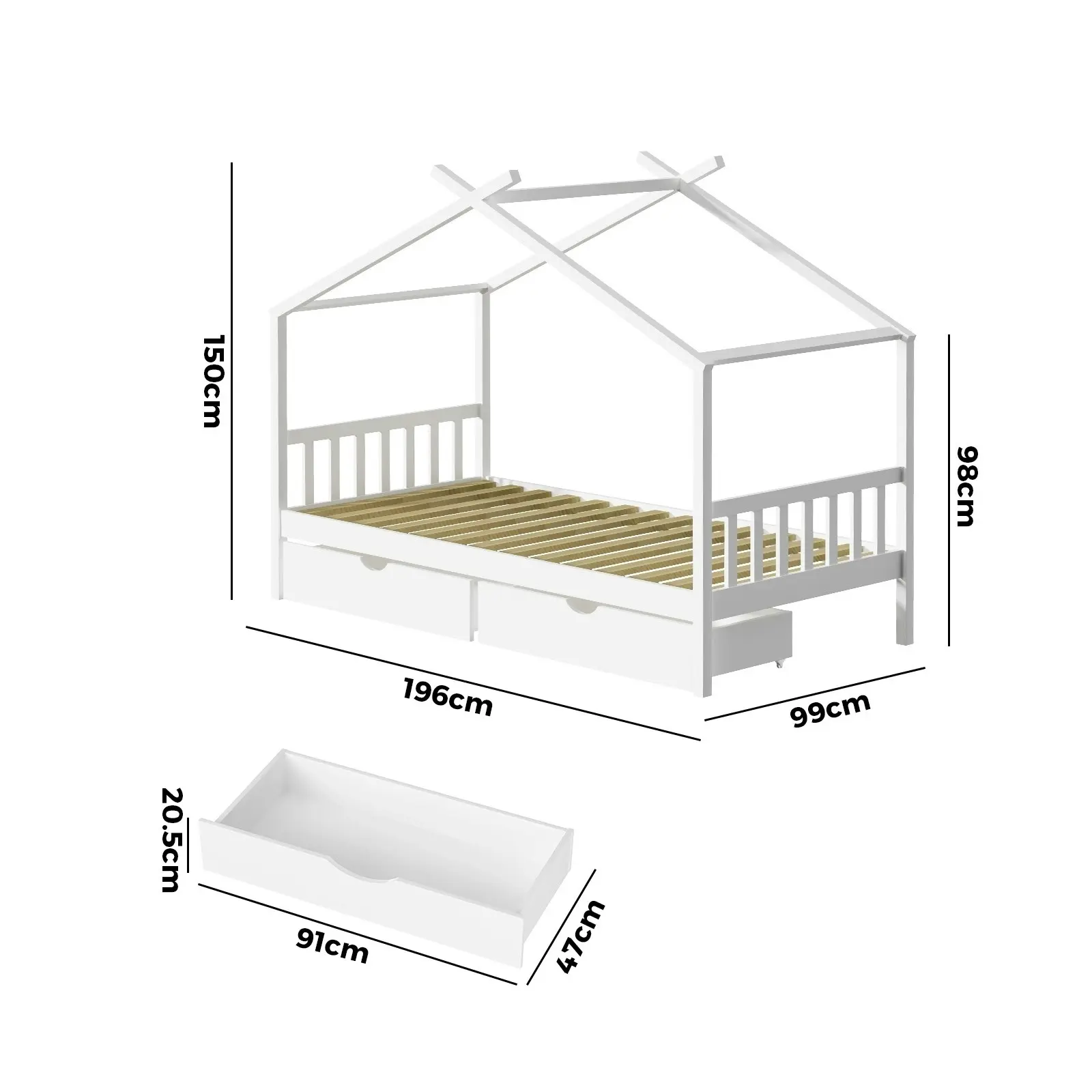 Oikiture Kids Bed Frame Single Size with Storage Drawers White