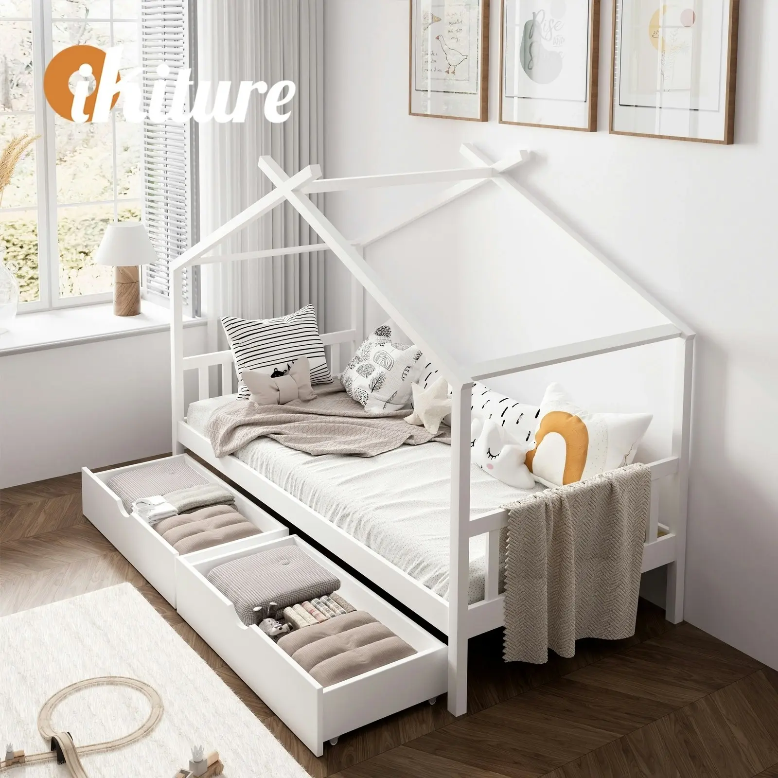 Oikiture Kids Bed Frame Single Size with Storage Drawers White