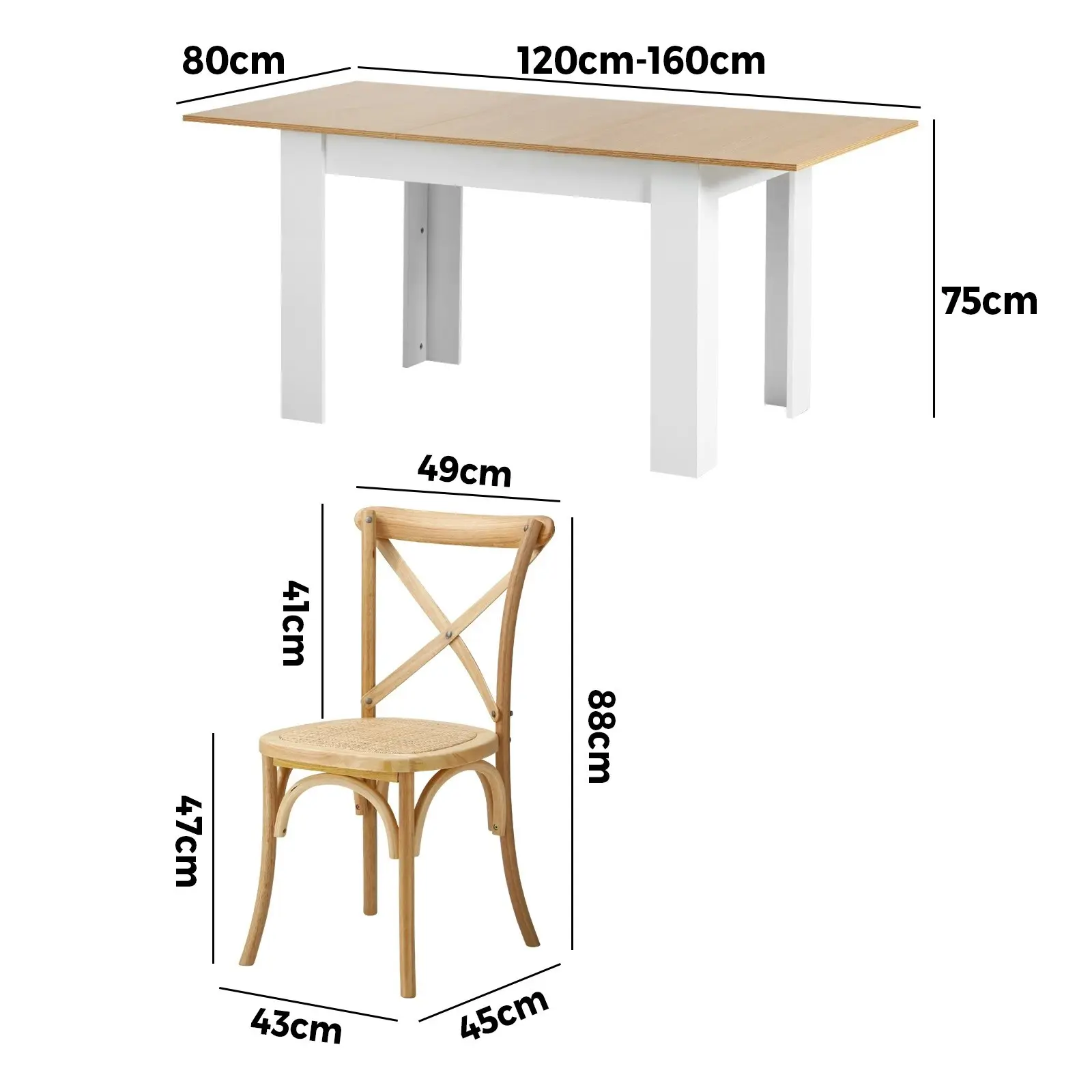 Oikiture 160cm Extendable Dining Table with 6PCS Dining Chairs Crossback Wooden