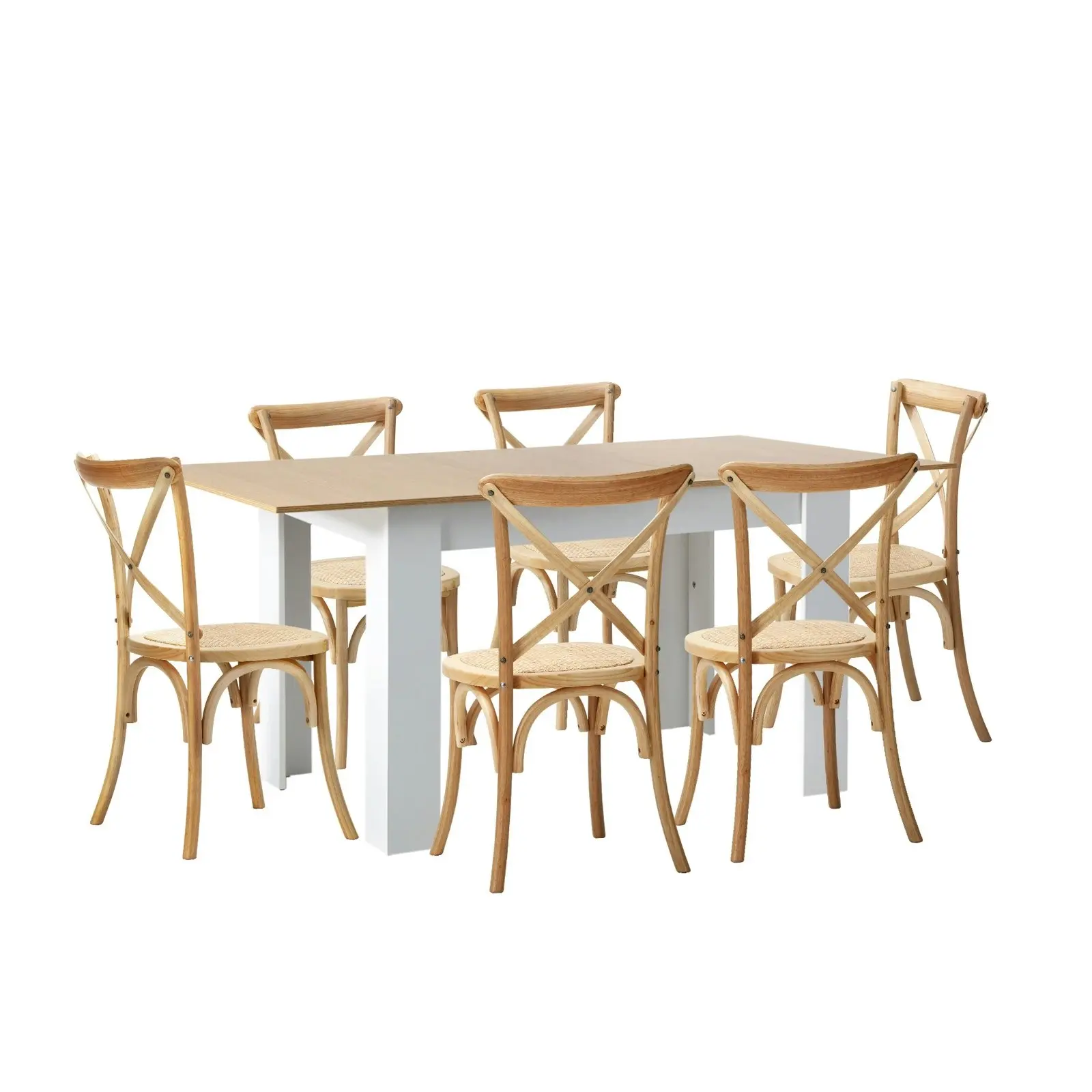 Oikiture 160cm Extendable Dining Table with 6PCS Dining Chairs Crossback Wooden