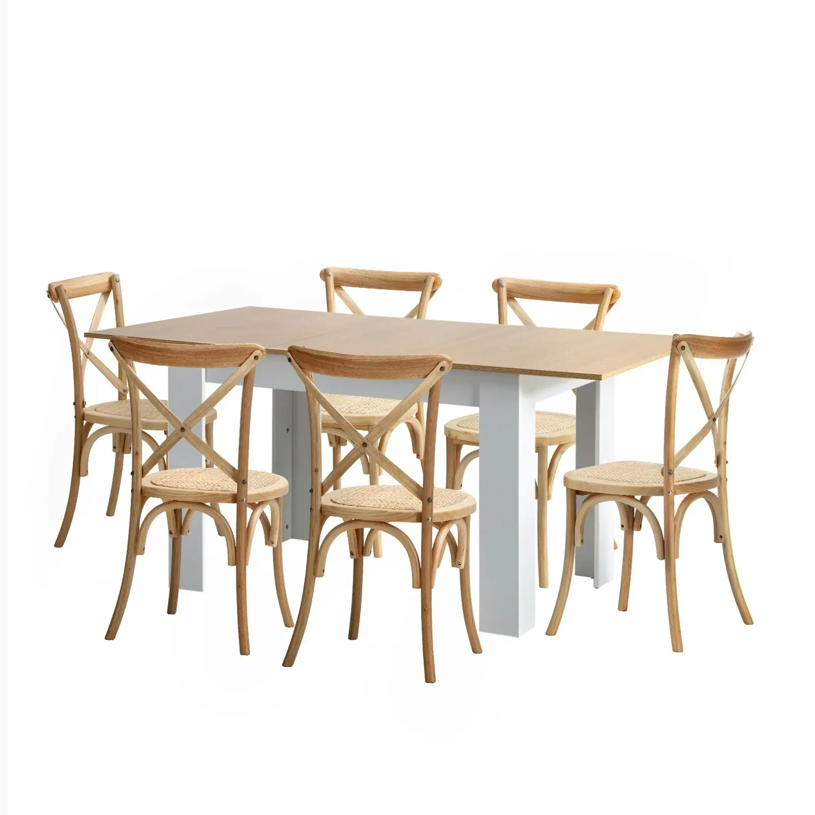 Oikiture 160cm Extendable Dining Table with 6PCS Dining Chairs Crossback Wooden