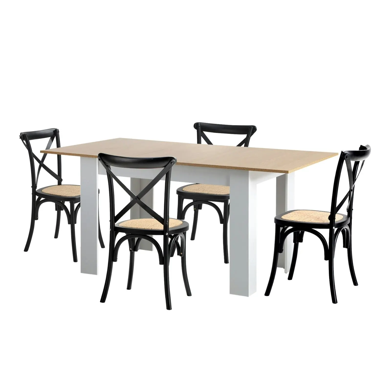 Oikiture 160cm Extendable Dining Table with 4PCS Dining Chairs Crossback Black