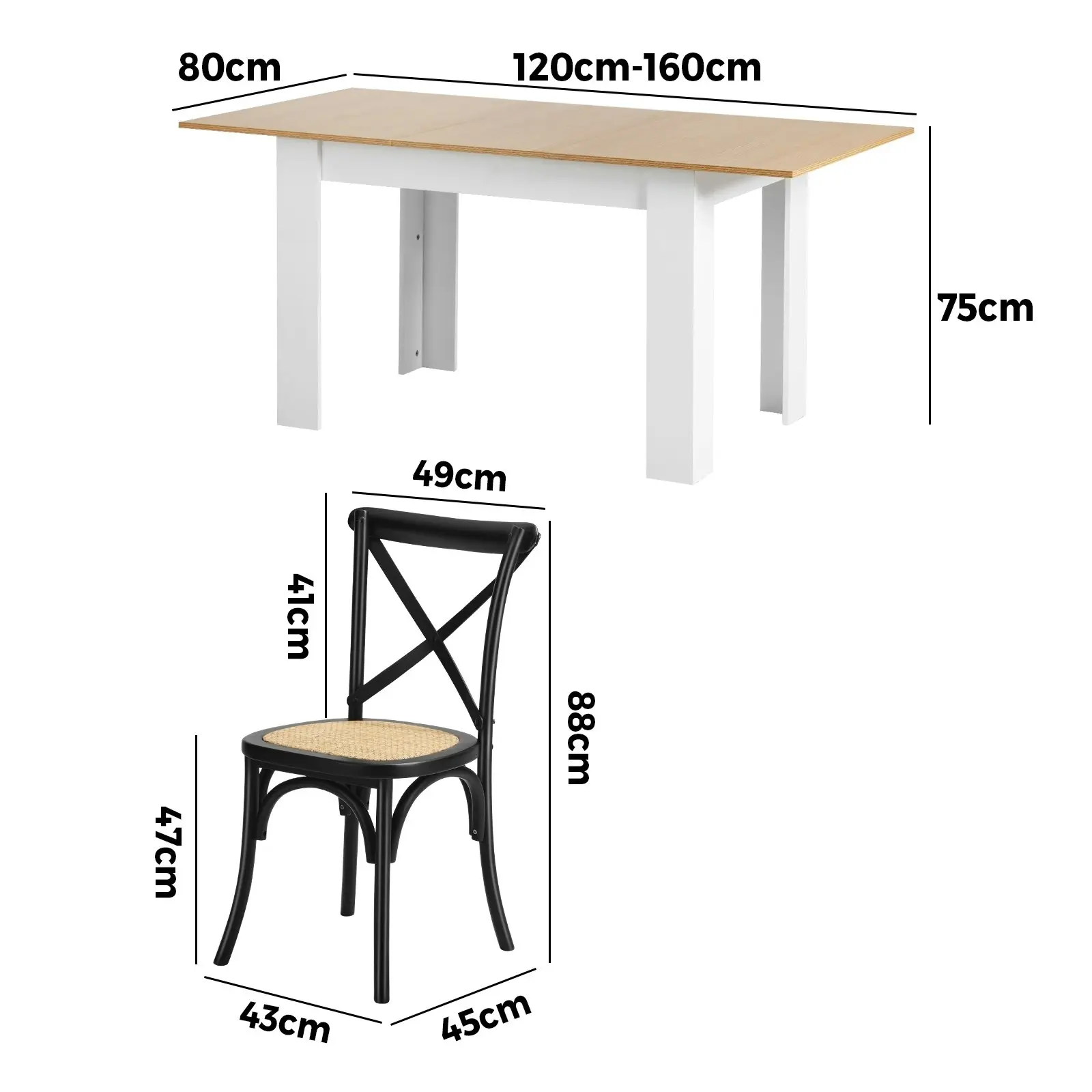 Oikiture 160cm Extendable Dining Table with 6PCS Dining Chairs Crossback Black