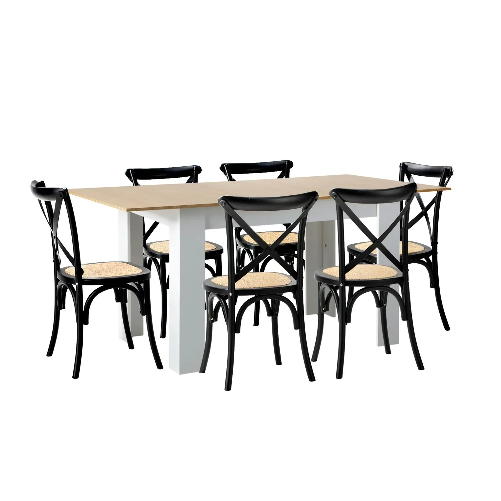 Oikiture 160cm Extendable Dining Table with 6PCS Dining Chairs Crossback Black