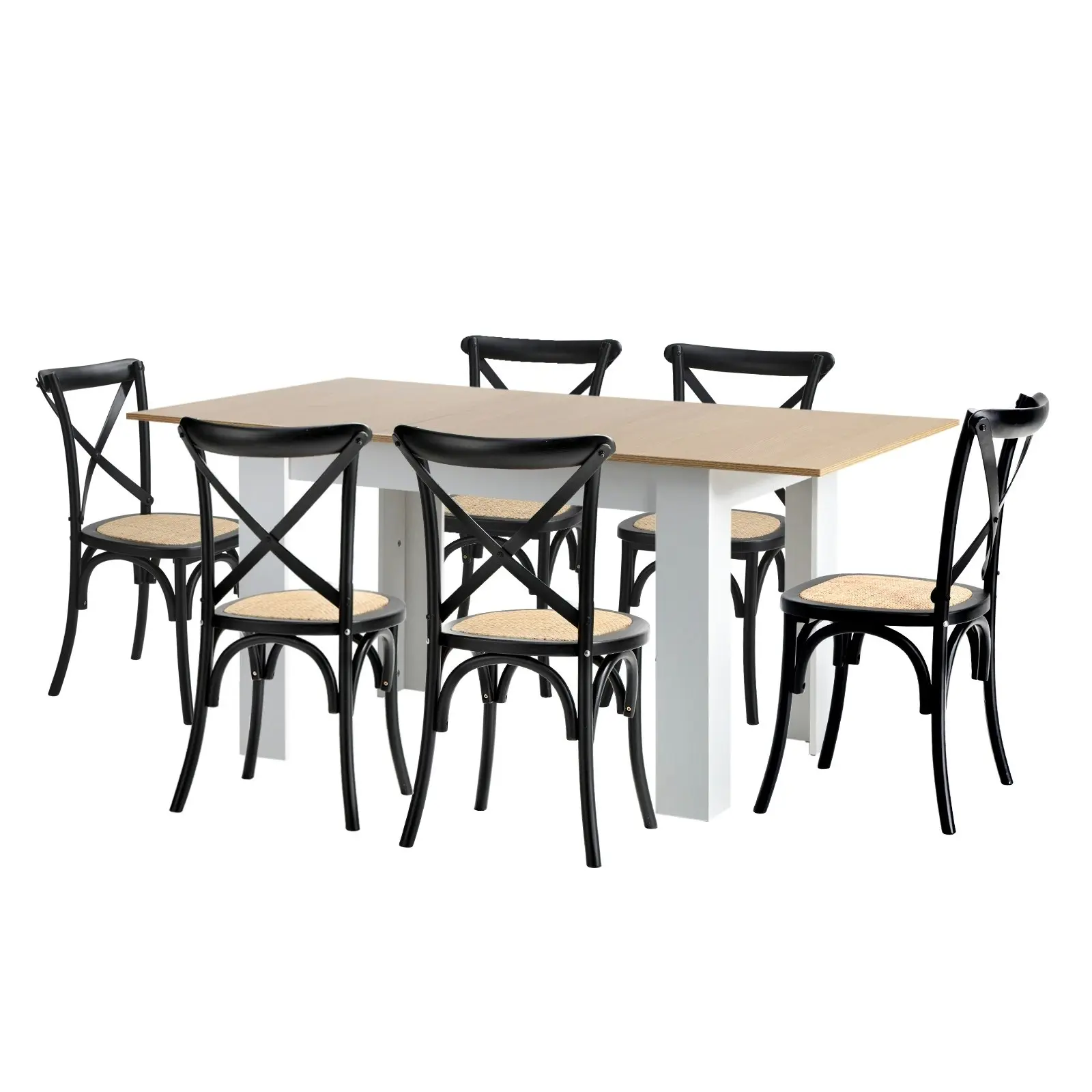 Oikiture 160cm Extendable Dining Table with 6PCS Dining Chairs Crossback Black