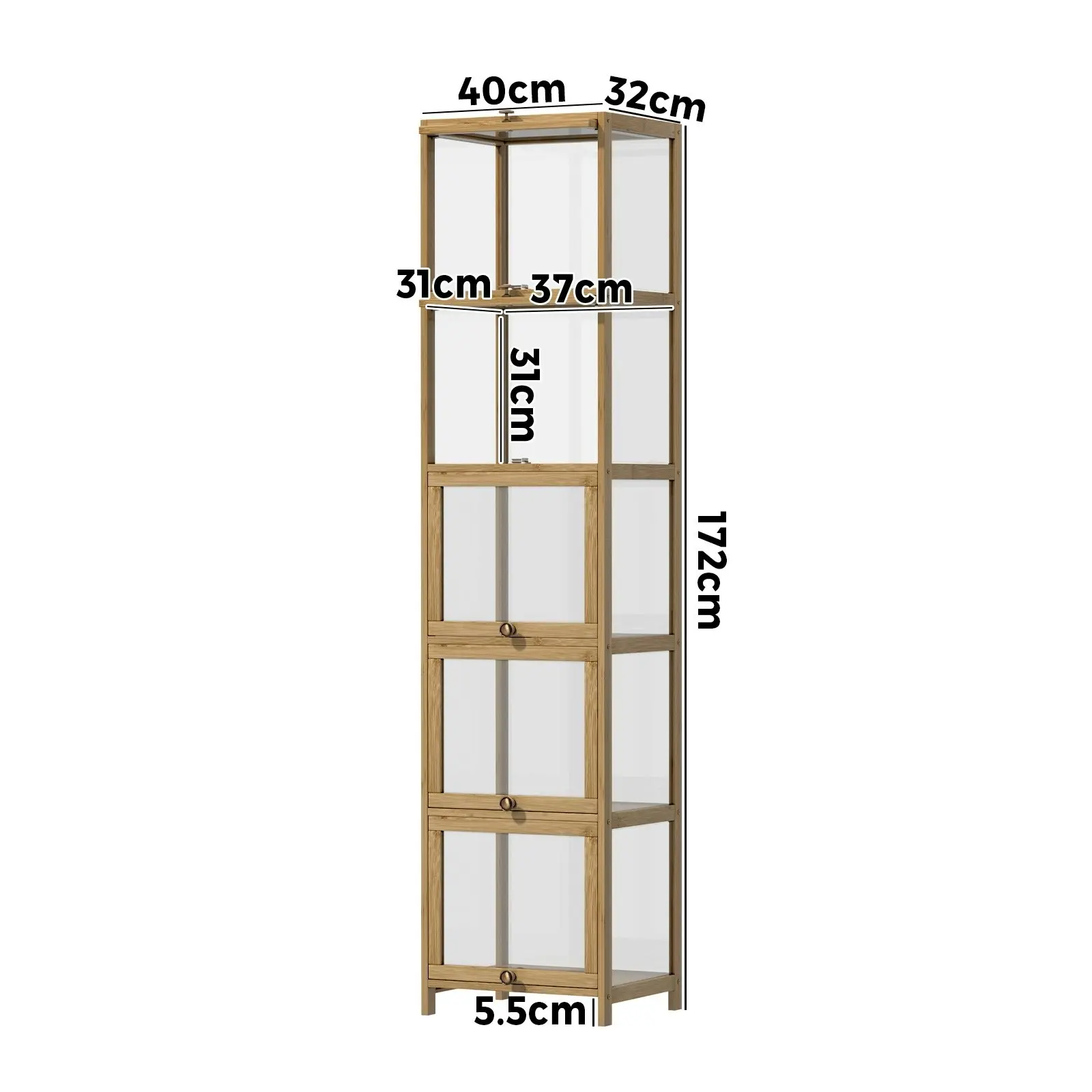 Oikiture Display Cabinet Slim Storage 5-Tier Shelves Clear Bookcase Rack Oak