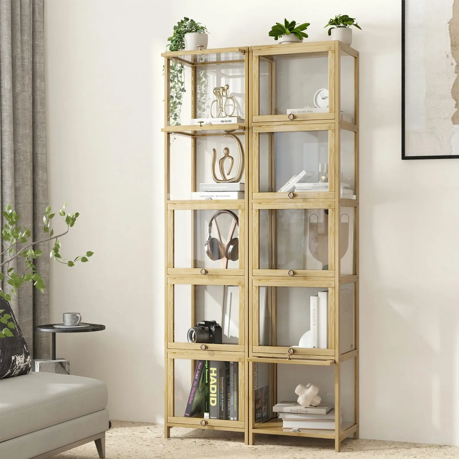 Oikiture Display Cabinet Slim Storage 5-Tier Shelves Clear Bookcase Rack Oak