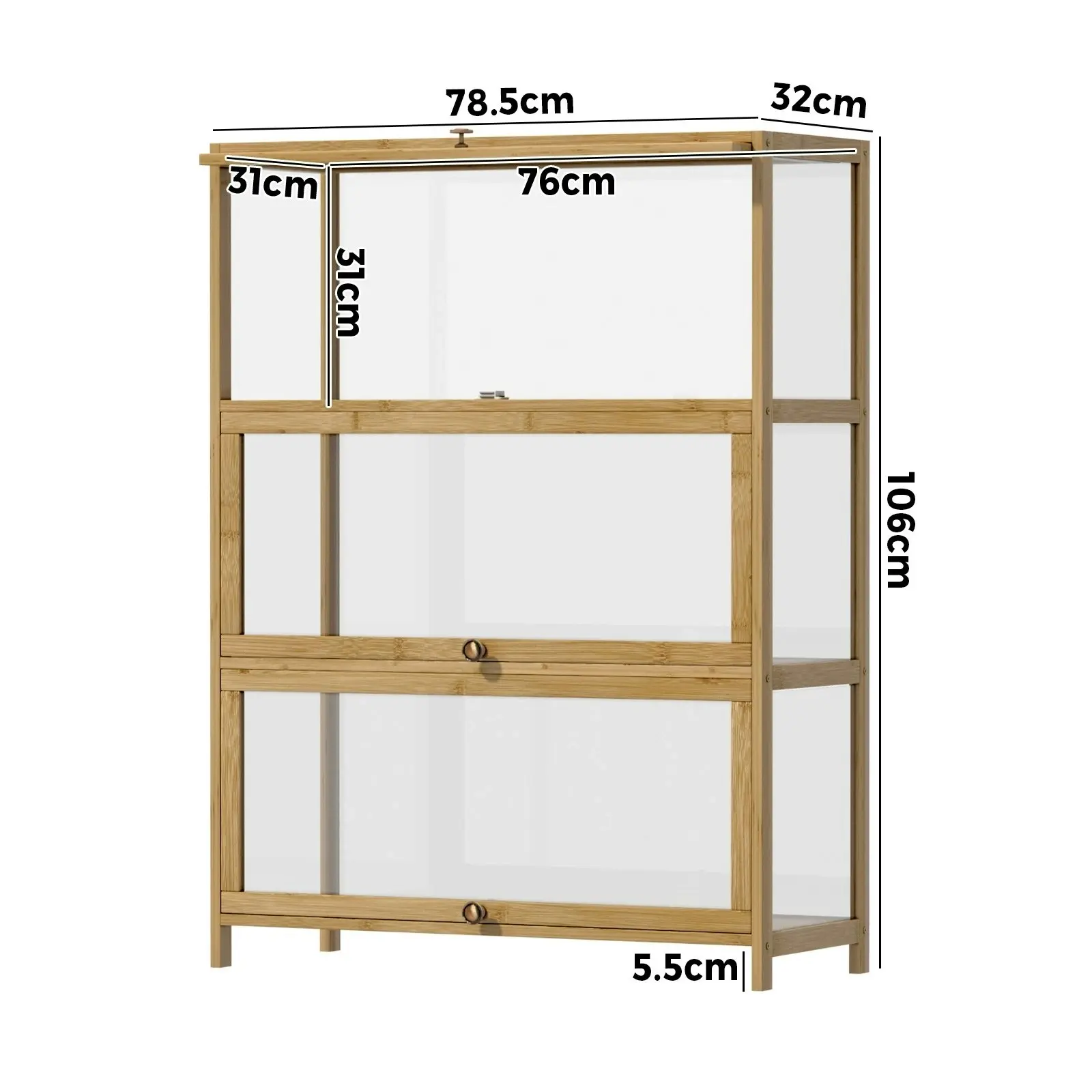 Oikiture Display Cabinet Storage 3-Tier Shelves Clear Bookcase Stand Rack Oak