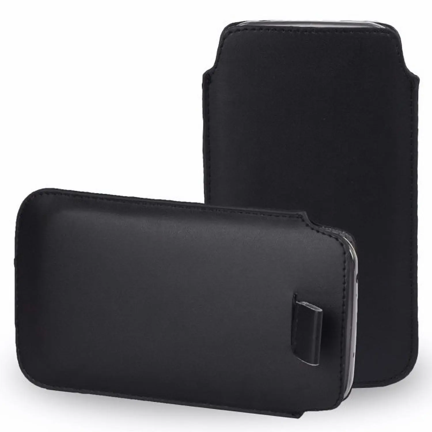 MEZON Pull Tab Slim Pouch for iPhone 14 (6.1") PU Leather Sleeve Case – Shock Absorption – Black