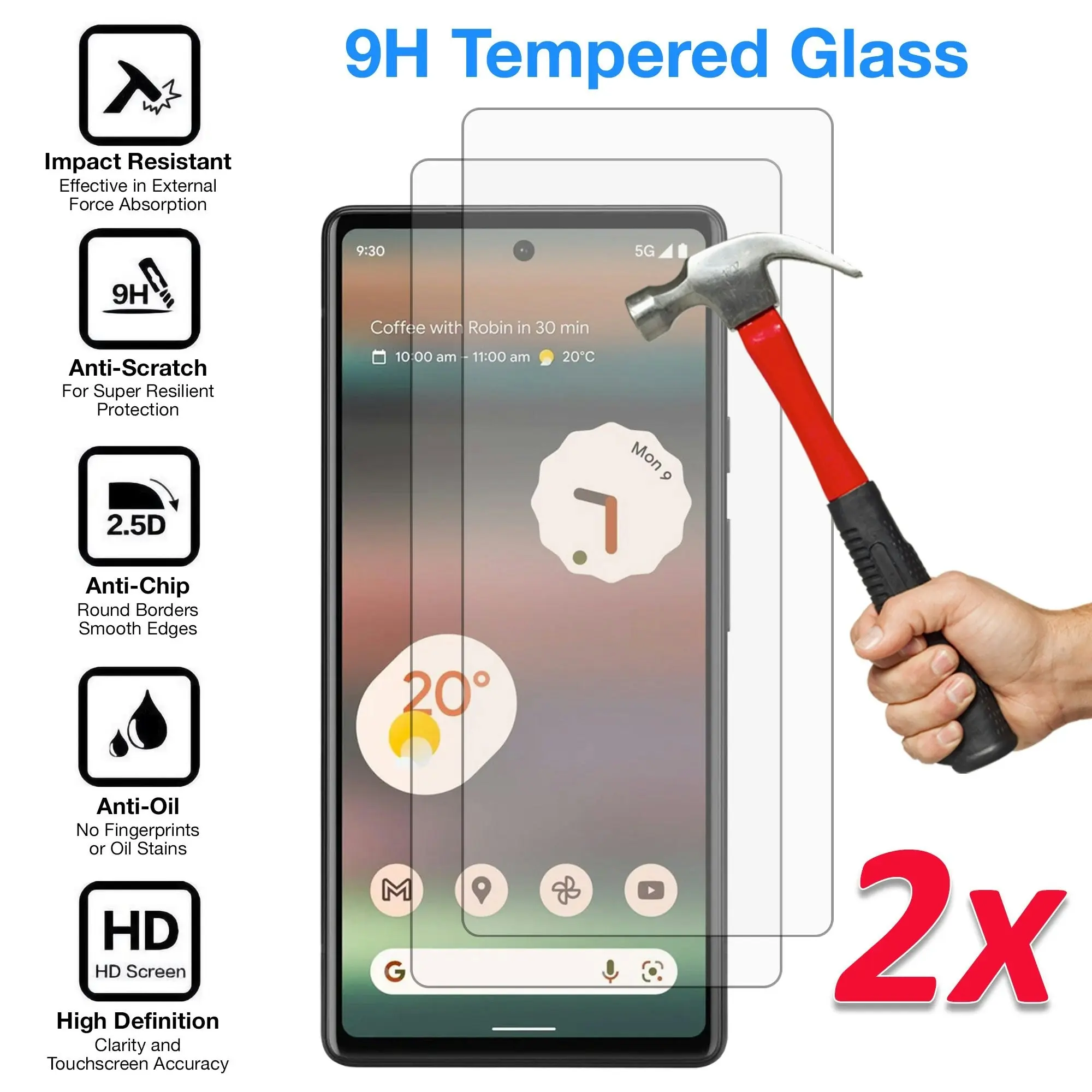 [2 Pack] MEZON Google Pixel 6a (6.1") Tempered Glass Crystal Clear Premium 9H HD Case Friendly Screen Protector (Pixel 6a, 9H)